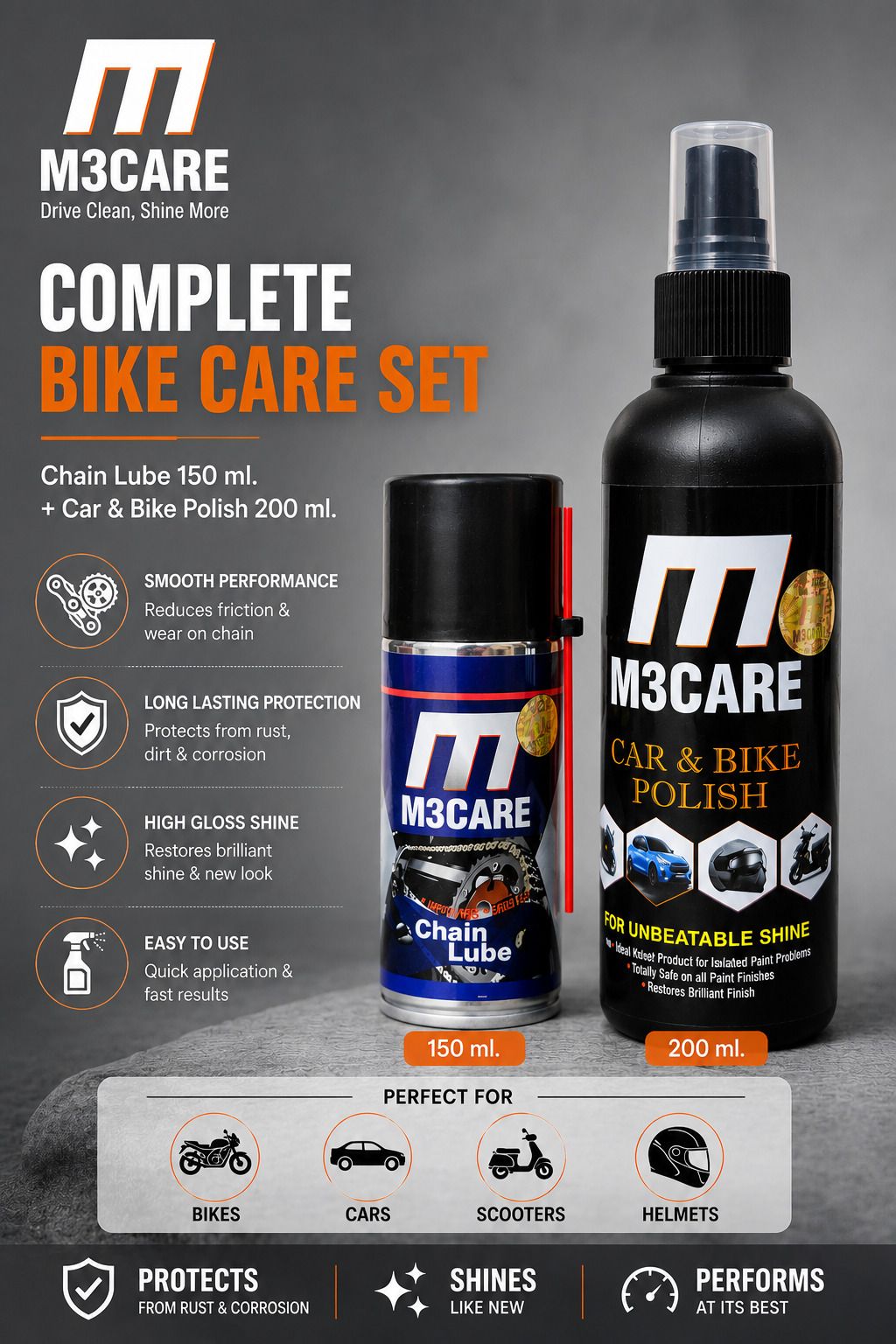 m3care 1 Bottle of Car & Bike Lequid Polish, 1 bottle of chain lubricant Combo-picture-47