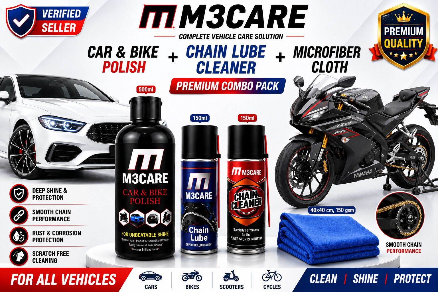 m3care CAR POLISH, CHAIN LUBE, CHAIN CLEANER, MICROFIBER CLOTH Combo-picture-18
