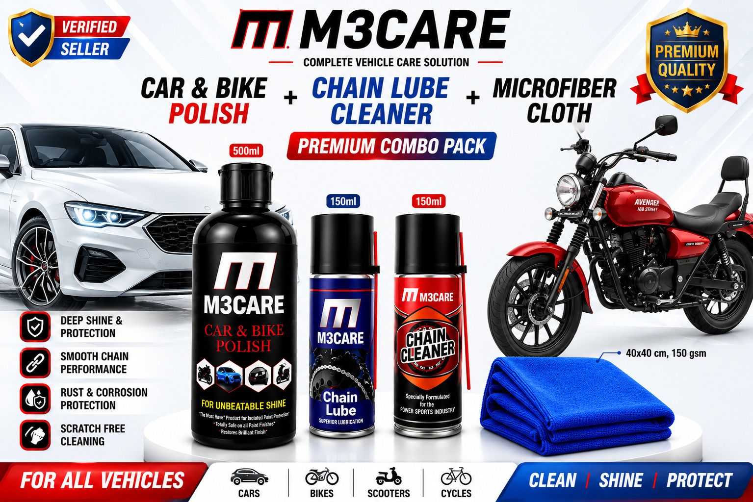 CAR POLISH, CHAIN LUBE, CHAIN CLEANER, MICROFIBER CLOTH Combo-image-9