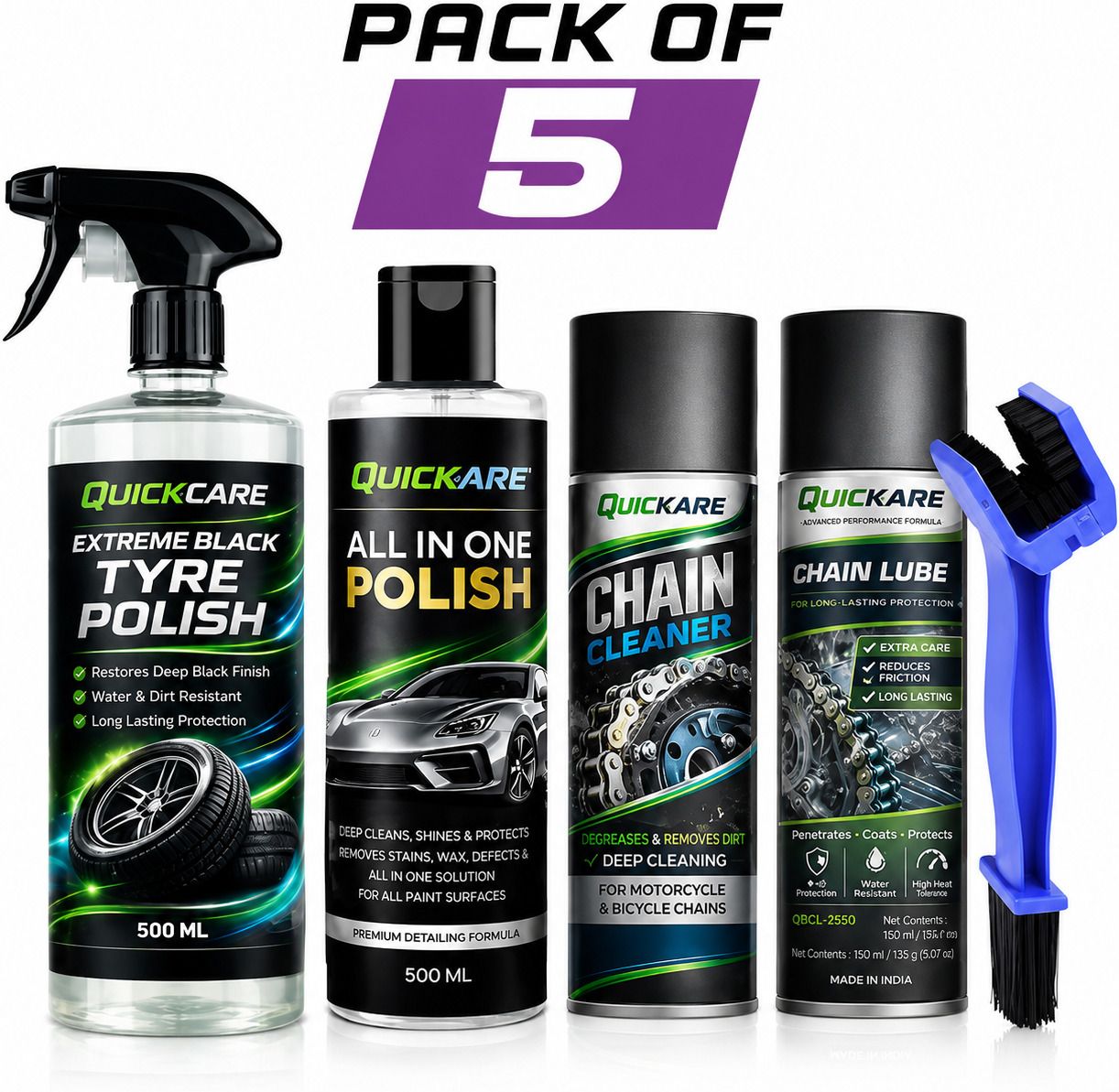 quickare 1 Chain Cleaner, 1 Tyre polish, 1 Chain Lube, 1 All in One POlish, 1 Cleaning Brush Combo-picture-36
