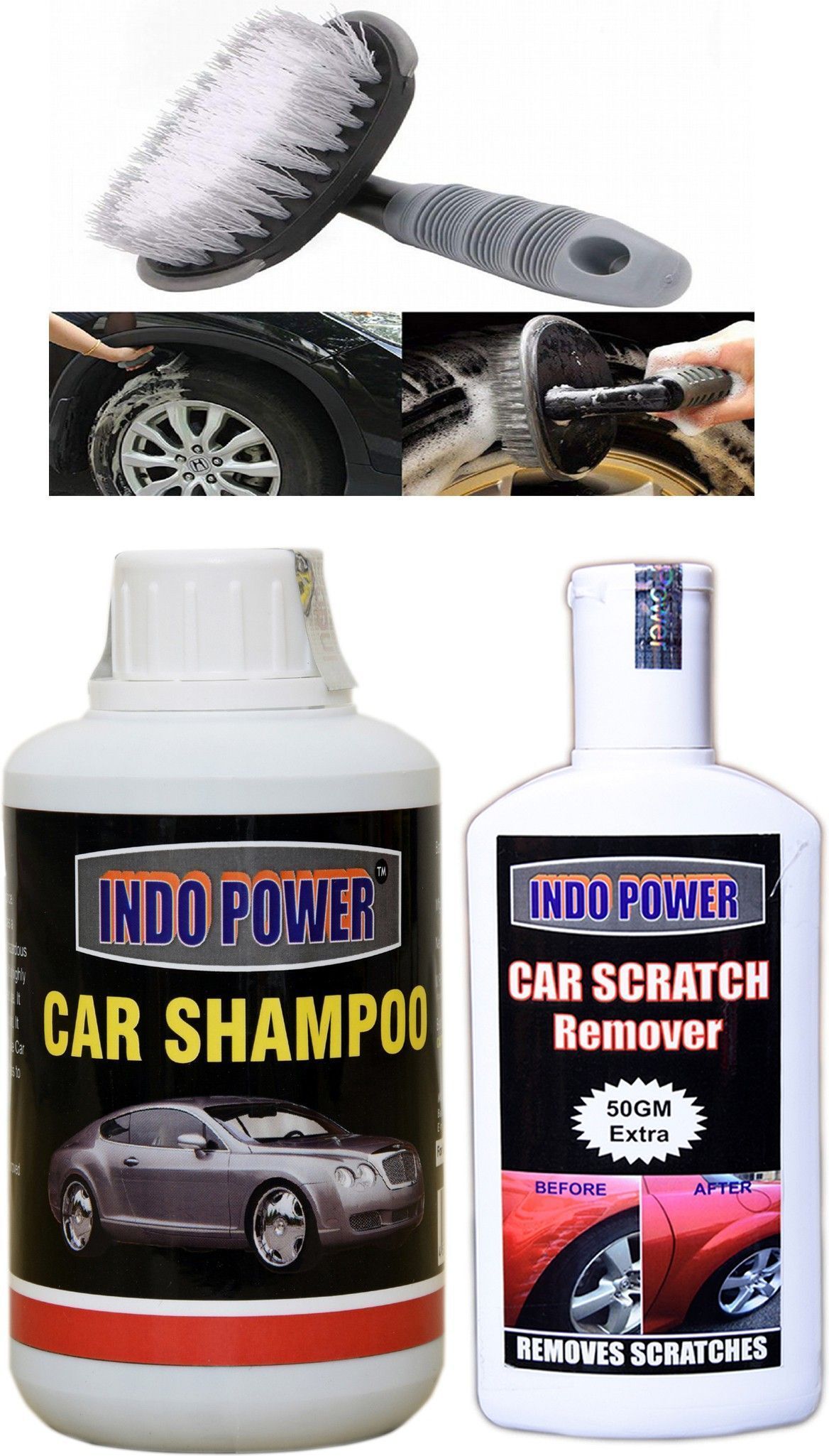 indopower CAR SHAMPOO 250ml+ Scratch Remover 200gm.+All Tyre Cleaning Brush Combo-picture-11