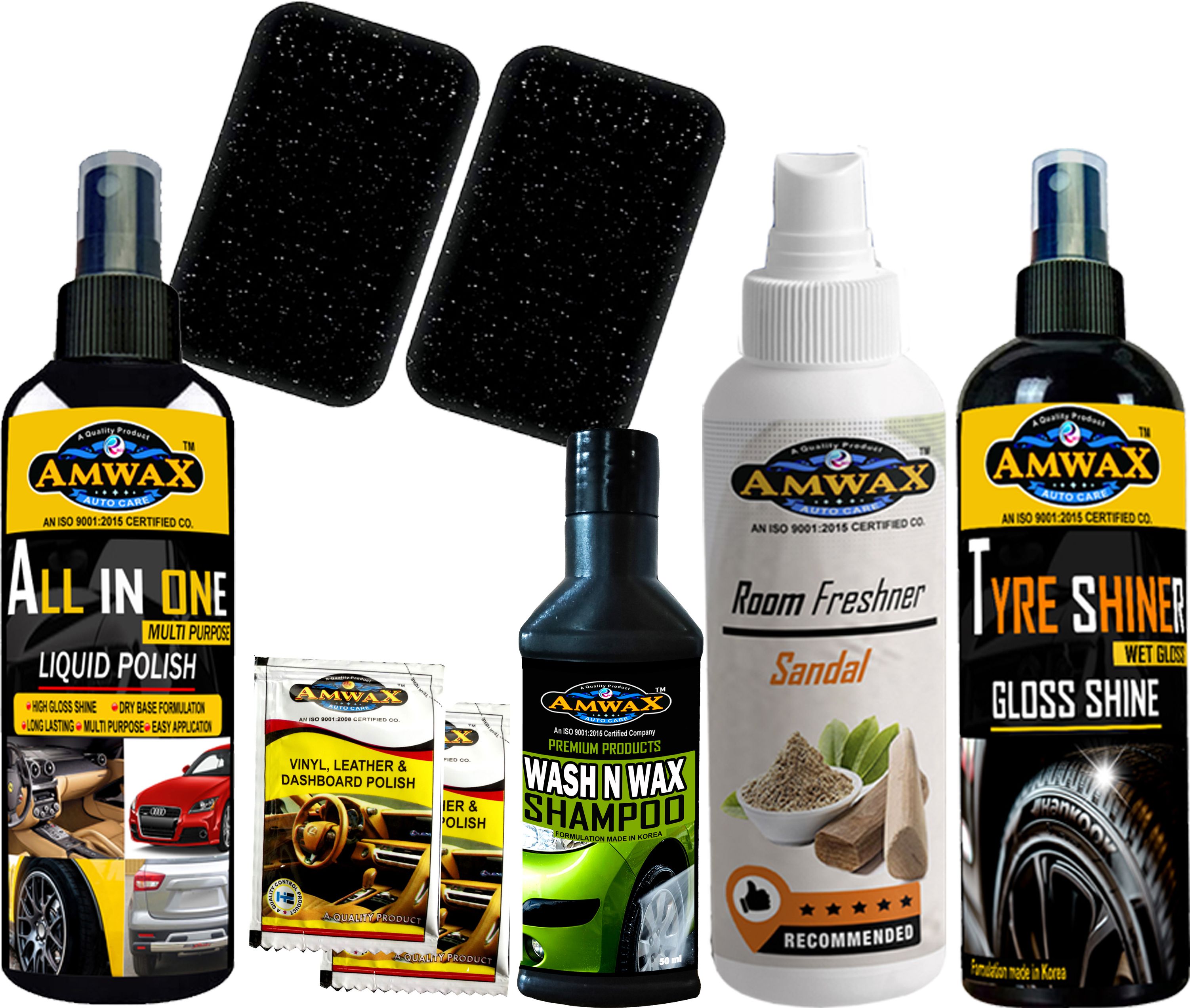ALL IN ONE POLISH, AIR FRESHNER, WASH N WAX, DASHBOARD POLISH, APPLICATOR, TYRE SHINER Combo