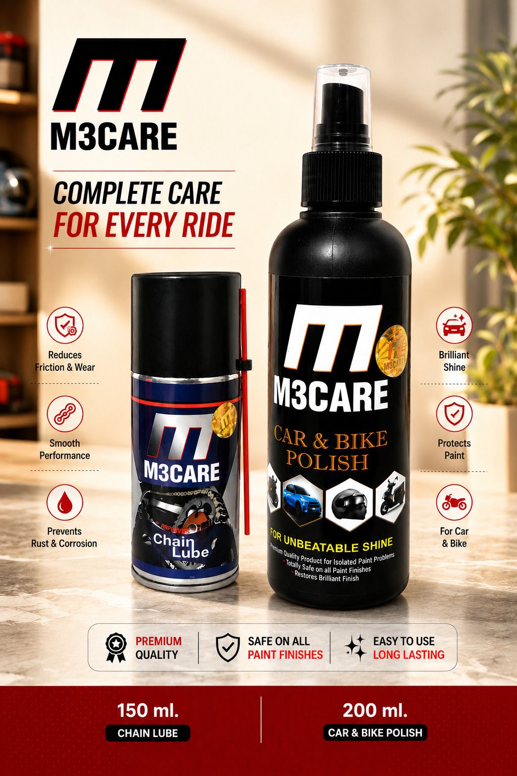 m3care 1 Bottle of Car & Bike Lequid Polish, 1 bottle of chain lubricant Combo-picture-32