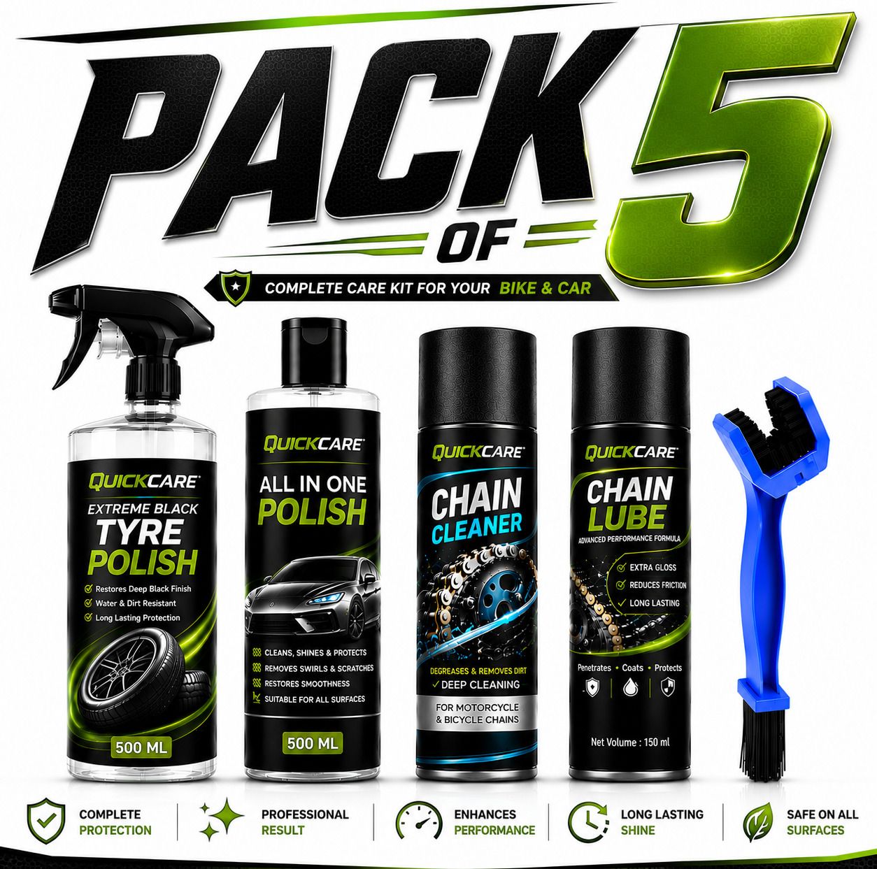 quickare 1 Chain Cleaner, 1 Tyre polish, 1 Chain Lube, 1 All in One POlish, 1 Cleaning Brush Combo-picture-44
