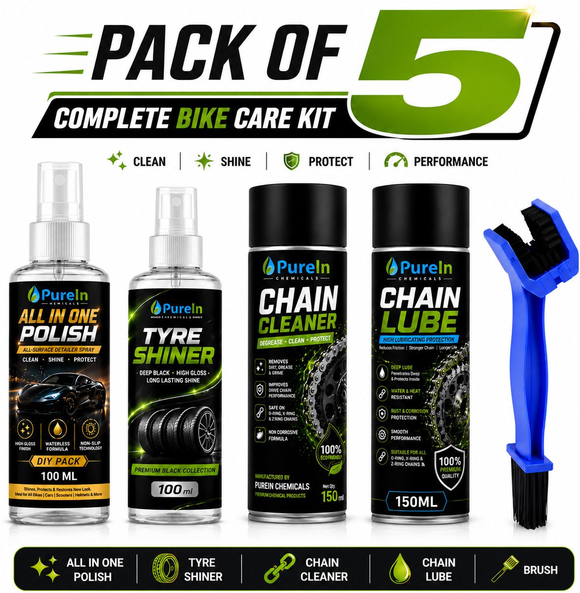 purein All in one Polish, Tyre Polish, Chain Cleaner, Chain Lube, Micro Fibre Cloth Combo-picture-48