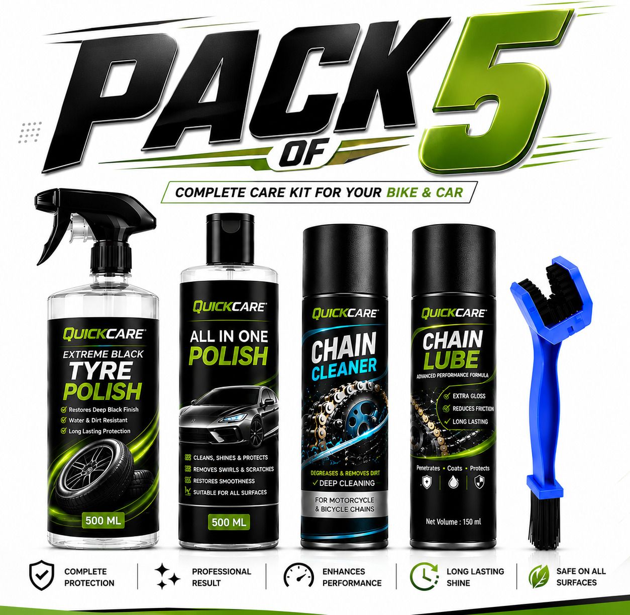 quickare 1 Chain Cleaner, 1 Tyre polish, 1 Chain Lube, 1 All in One POlish, 1 Cleaning Brush Combo-picture-37