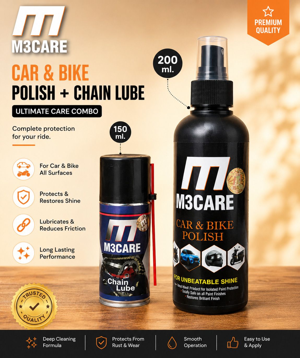 m3care 1 Bottle of Car & Bike Lequid Polish, 1 bottle of chain lubricant Combo-picture-37