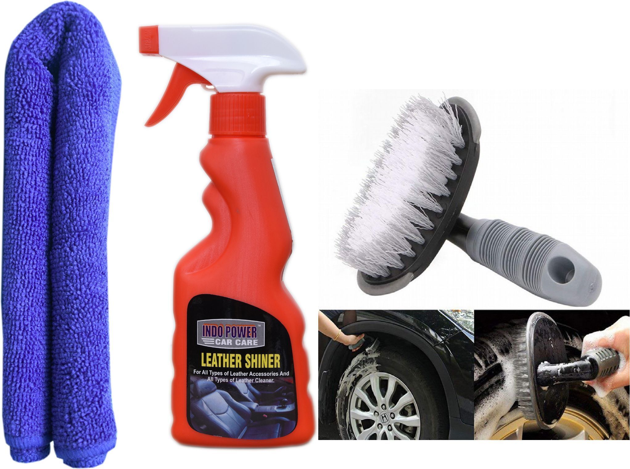 LEATHER SHINER SPRAY 250ml.+ 1PC CAR MICROFIBER CLOTH +All Tyre Cleaning Brush Combo-image-41