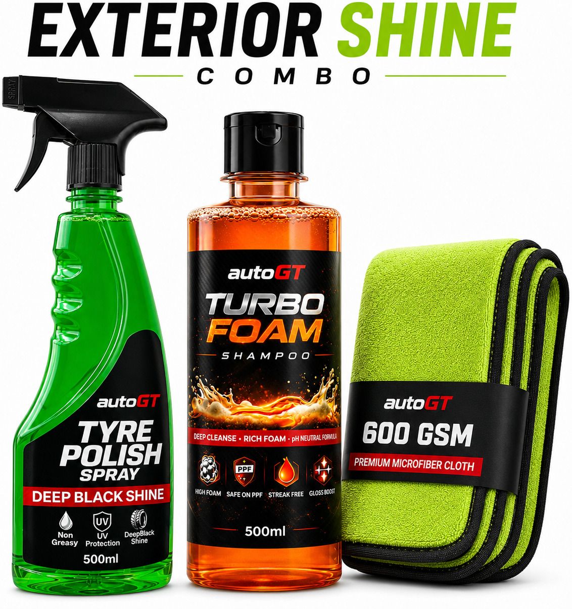 autogt Tyre polish spray 500ml, Turbo foam shampoo 500ml, 600gsm microfibre cloth Combo-picture-30
