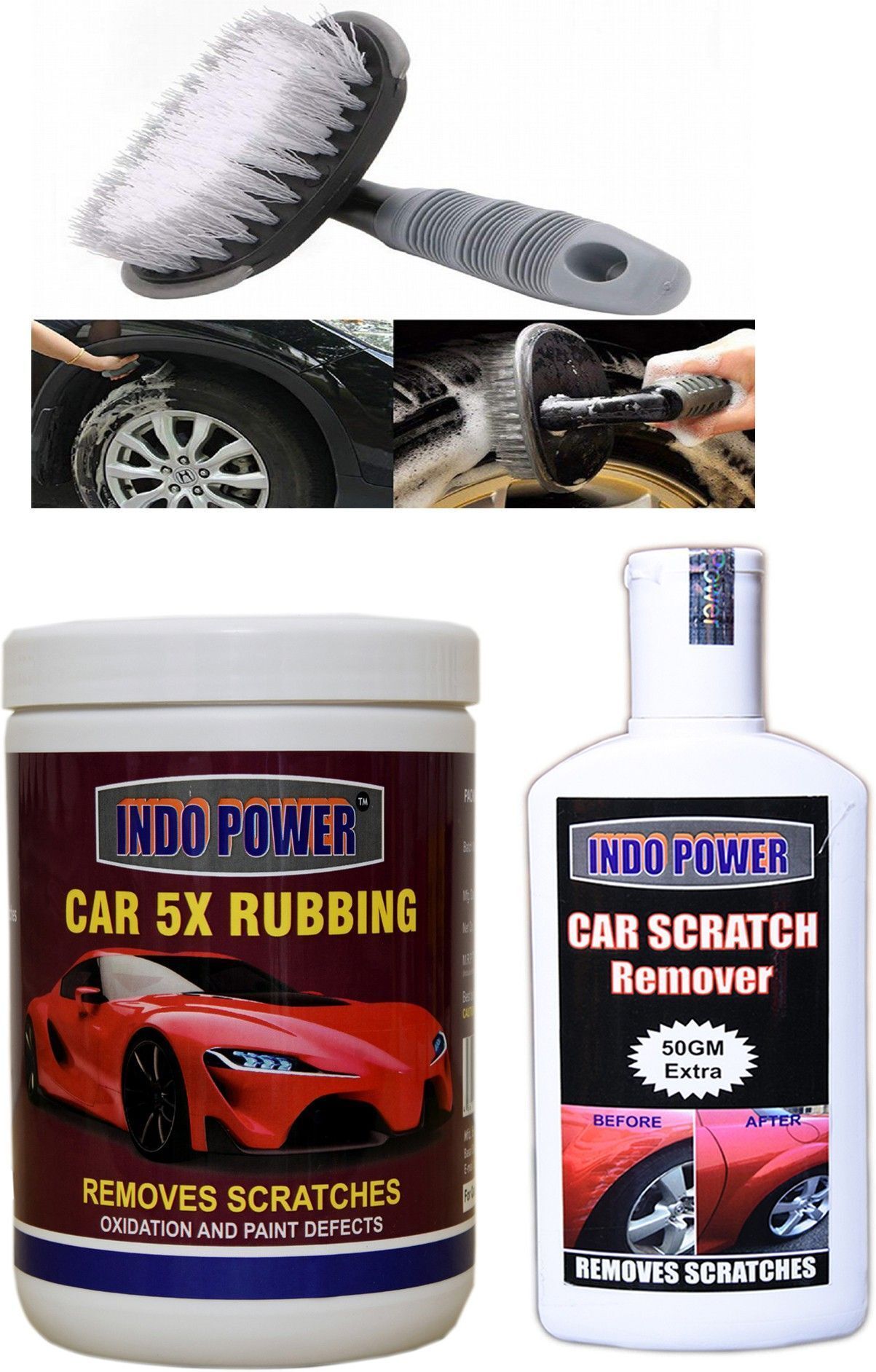 indopower CAR 5X RUBBING 1kg+ Scratch Remover 200gm.+All Tyre Cleaning Brush Combo-picture-28
