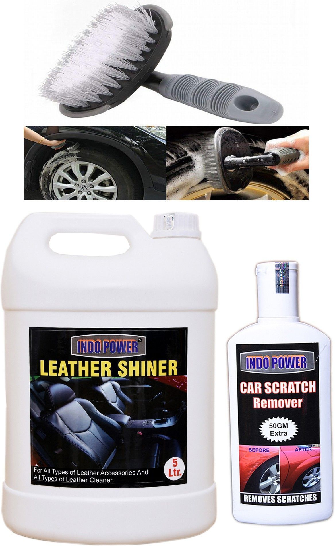 indopower LEATHER SHINER 5ltr+ Scratch Remover 200gm.+All Tyre Cleaning Brush Combo-picture-25