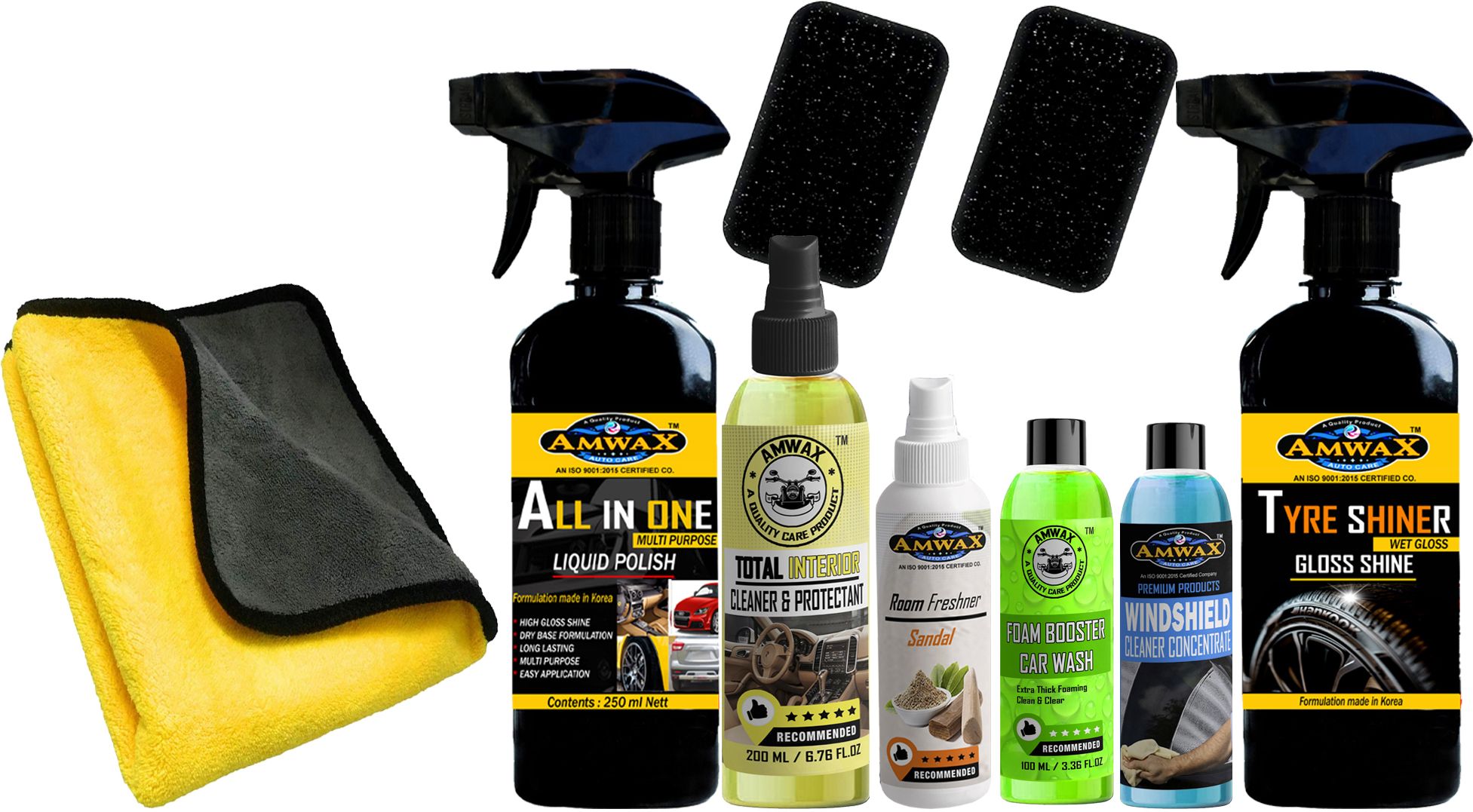 POLISH, SHAMPOO, TYRE SHINER, INTERIOR CLEANER, AIR FRESHNER, WINDSHIELD CLEANER, TOWEL Combo