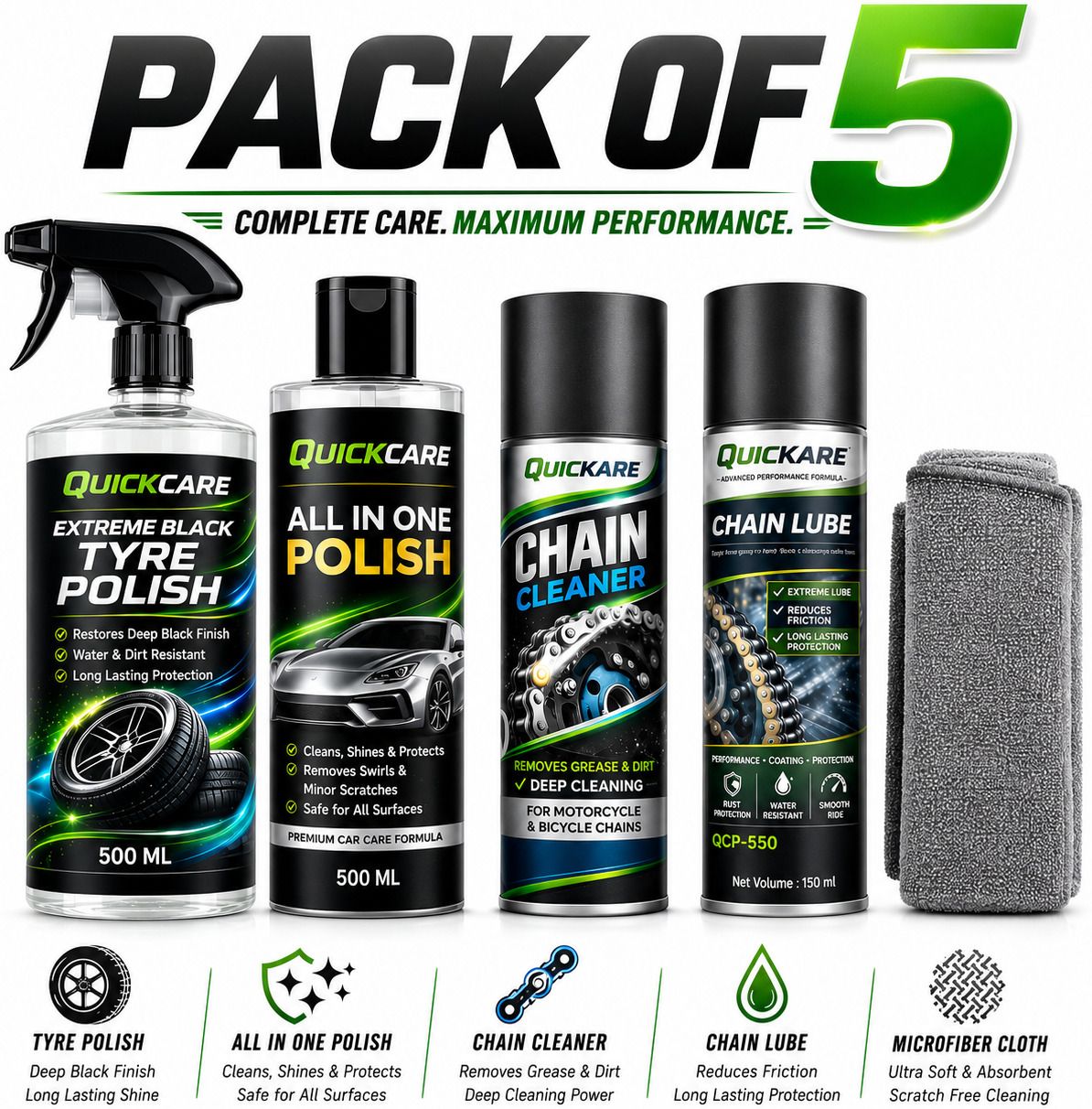 quickare 1 Chain Cleaner, 1 Tyre polish, 1 Chain Lube, 1 All in One POlish, 1 Cleaning Brush Combo-picture-33