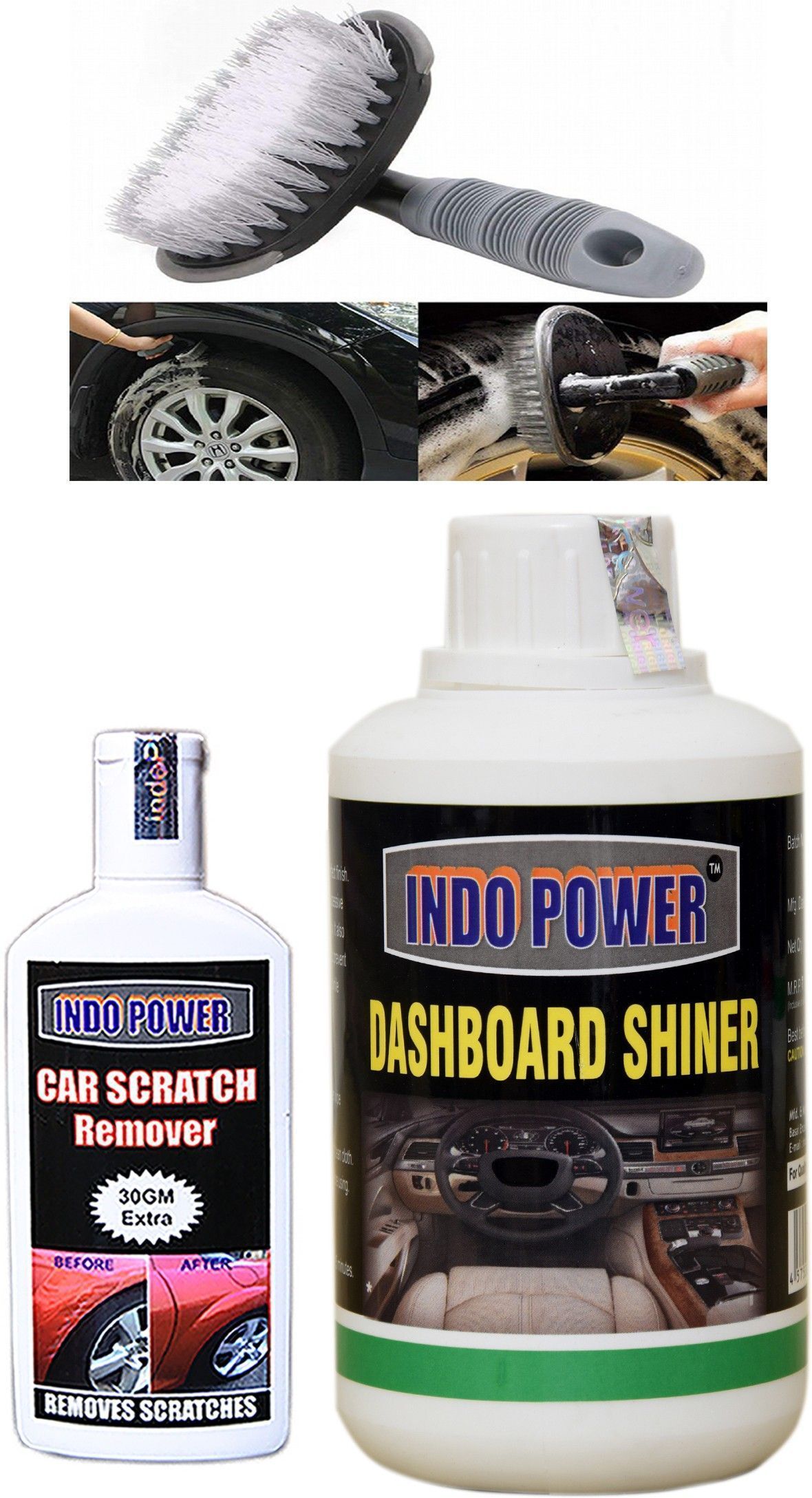 indopower DASHBOARD SHINER 250ml+ Scratch Remover 100gm.+All Tyre Cleaning Brush Combo-picture-24