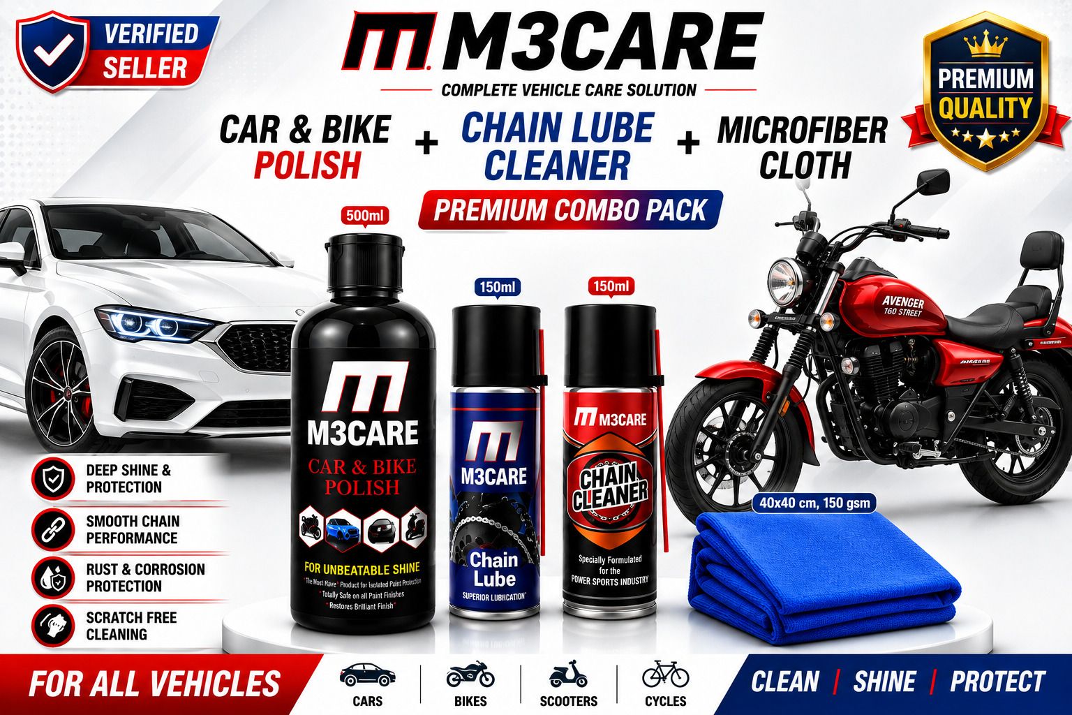 CAR POLISH, CHAIN LUBE, CHAIN CLEANER, MICROFIBER CLOTH Combo-image-7
