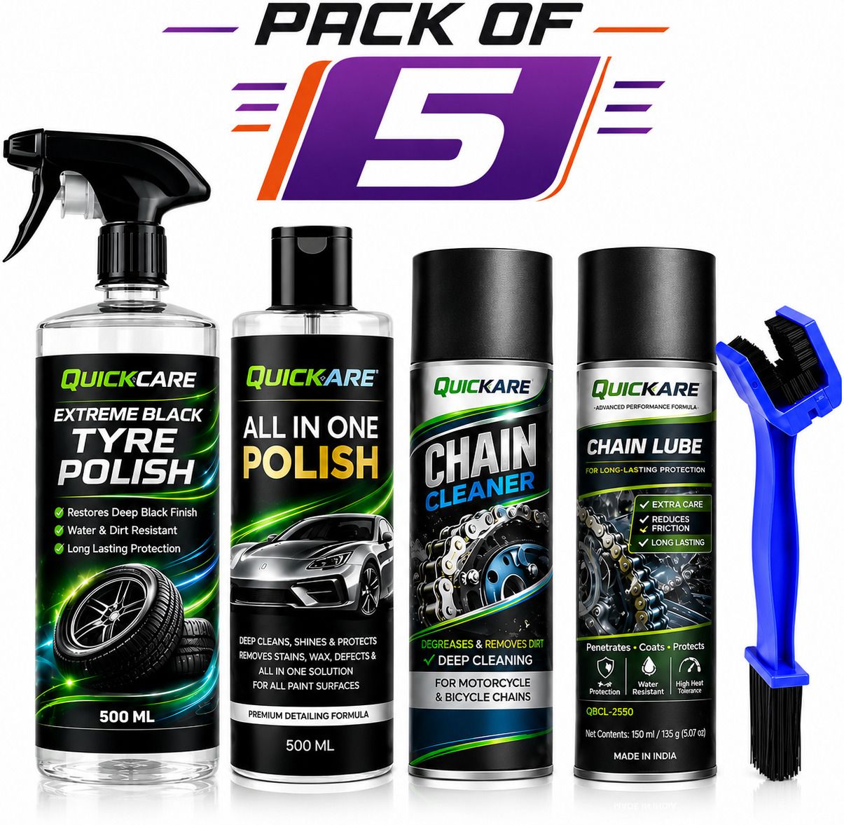 quickare 1 Chain Cleaner, 1 Tyre polish, 1 Chain Lube, 1 All in One POlish, 1 Cleaning Brush Combo-picture-30