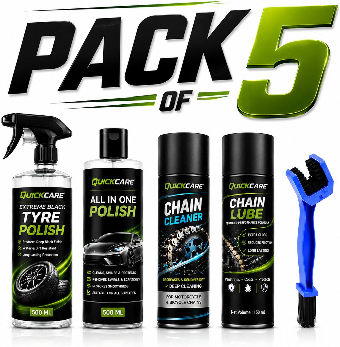 quickare 1 Chain Cleaner, 1 Tyre polish, 1 Chain Lube, 1 All in One POlish, 1 Cleaning Brush Combo-picture-34