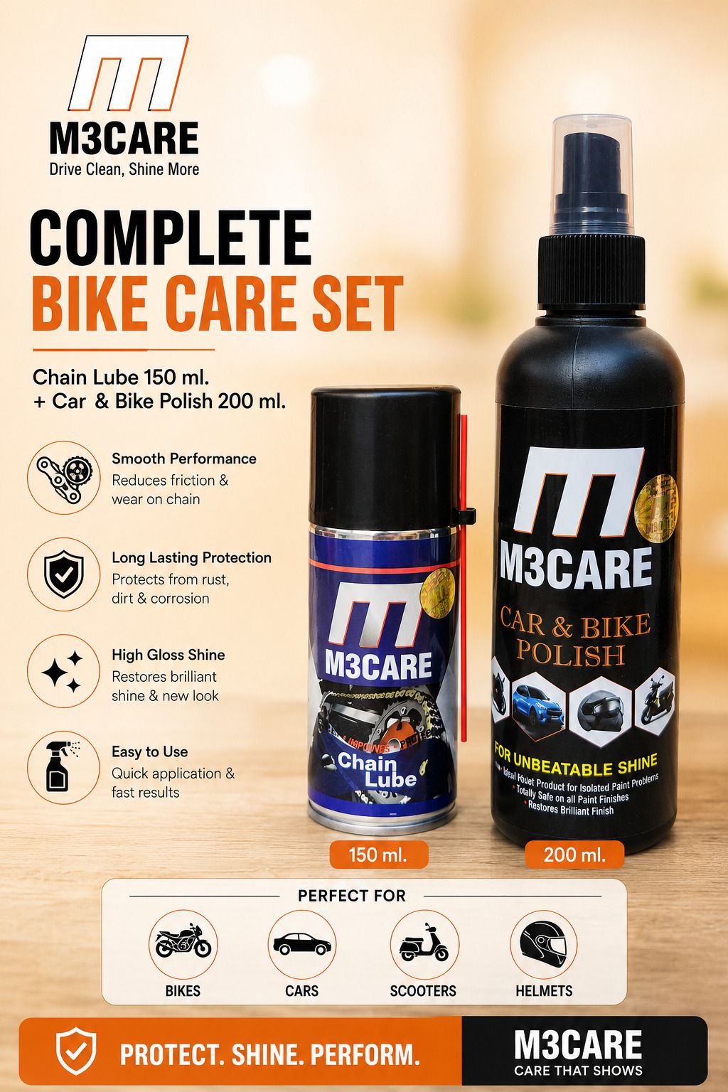 m3care 1 Bottle of Car & Bike Lequid Polish, 1 bottle of chain lubricant Combo-picture-22