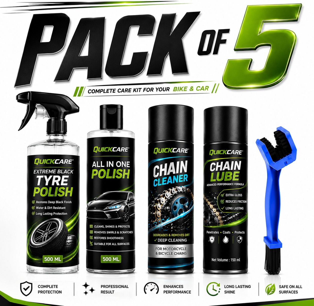 quickare 1 Chain Cleaner, 1 Tyre polish, 1 Chain Lube, 1 All in One POlish, 1 Cleaning Brush Combo-picture-36