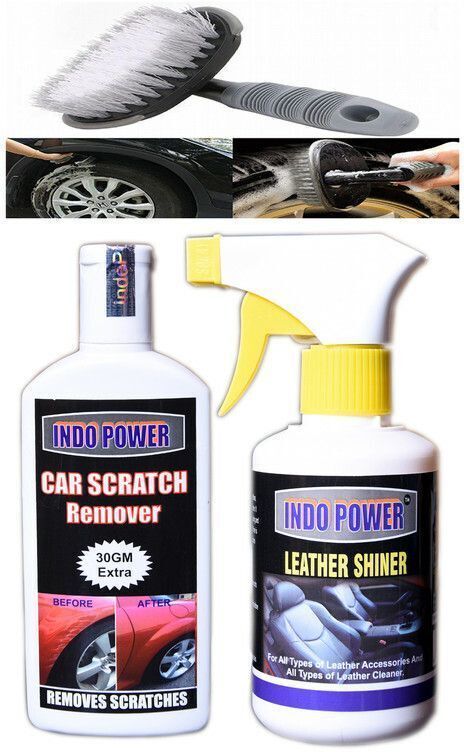 indopower LEATHER SHINER GUN 250ml.+SCRATCH REMOVER 100gm.+All Tyre Cleaning Brush Combo-picture-22