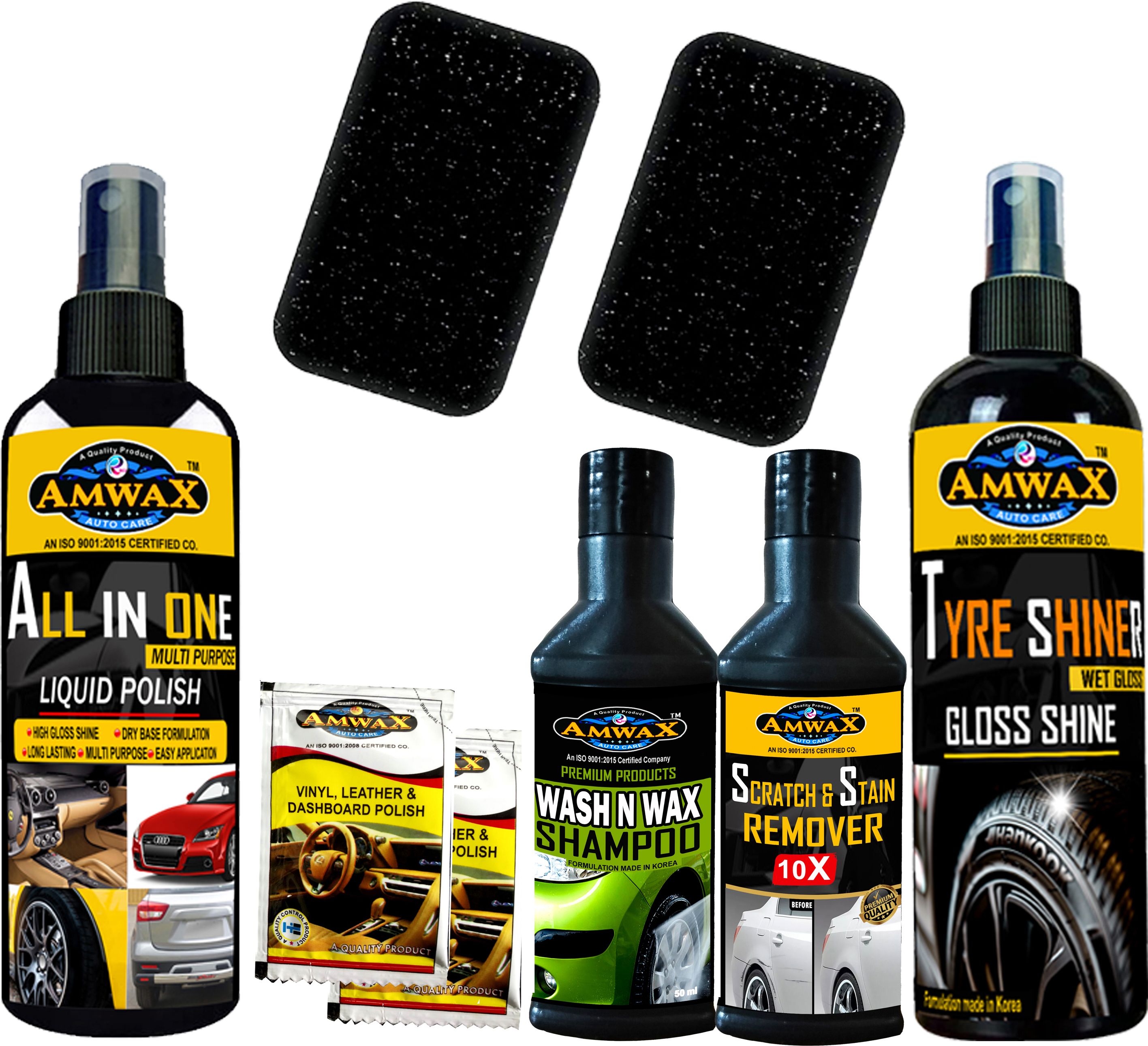 Tyre Shiner 120 ML, Wash and Wax 50 Ml, Scratch Remover 50 Ml, Dashboard Polish Pouch 10 Ml x 2 Pc., 2 pc Sponge, All In One Polish 120 ML Combo
