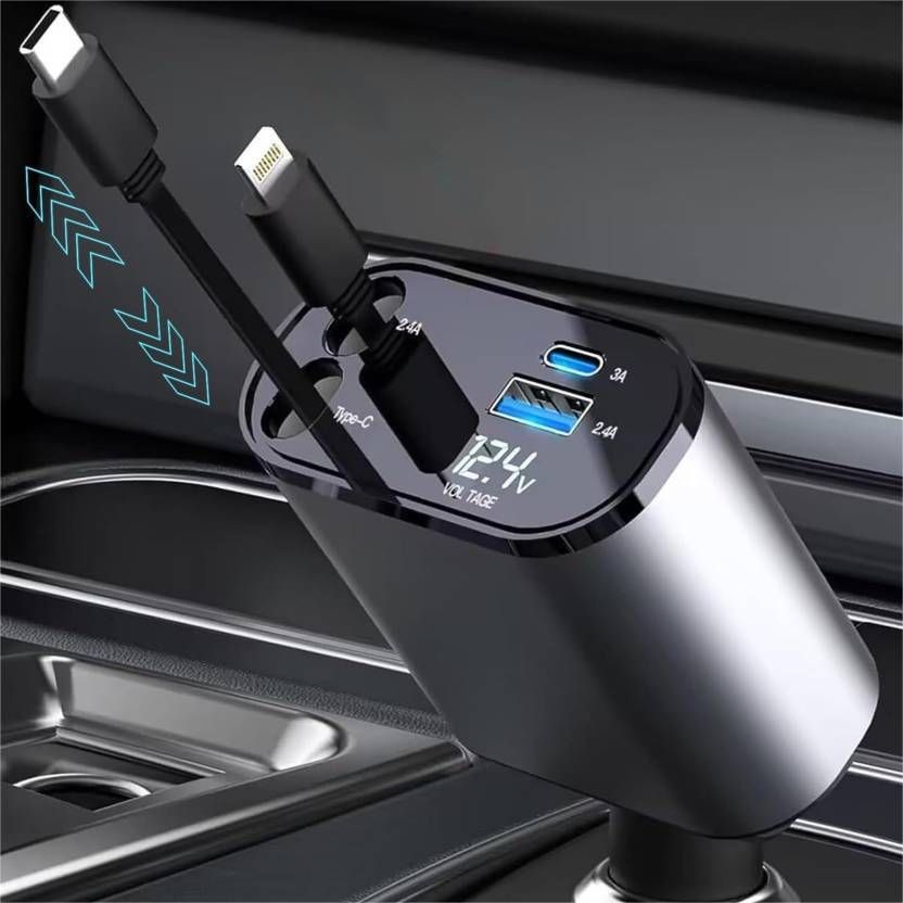 4 in 1 Super Fast Retractable Car Charger With Type C & USB Charging Ports Combo