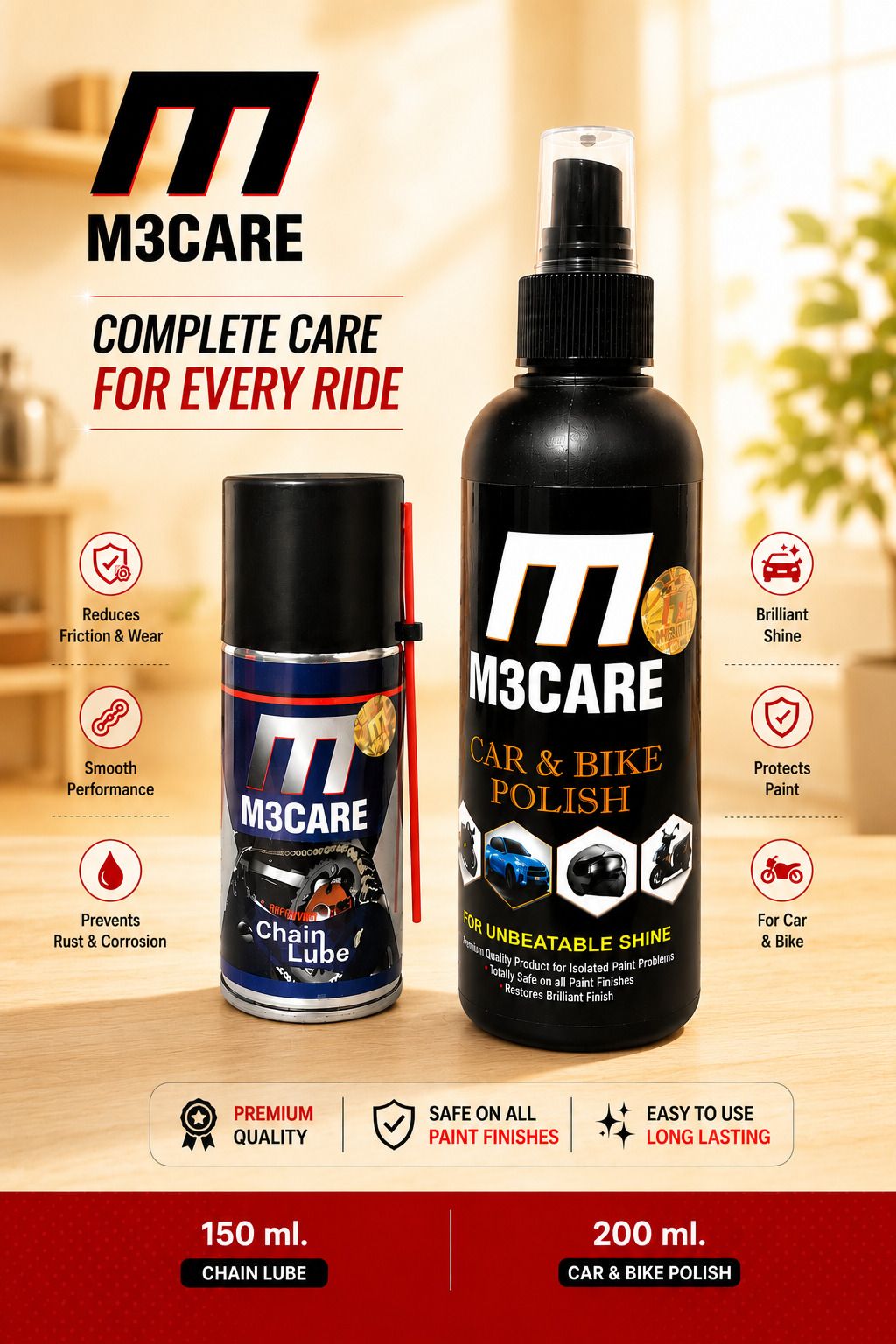 m3care 1 Bottle of Car & Bike Lequid Polish, 1 bottle of chain lubricant Combo-picture-45