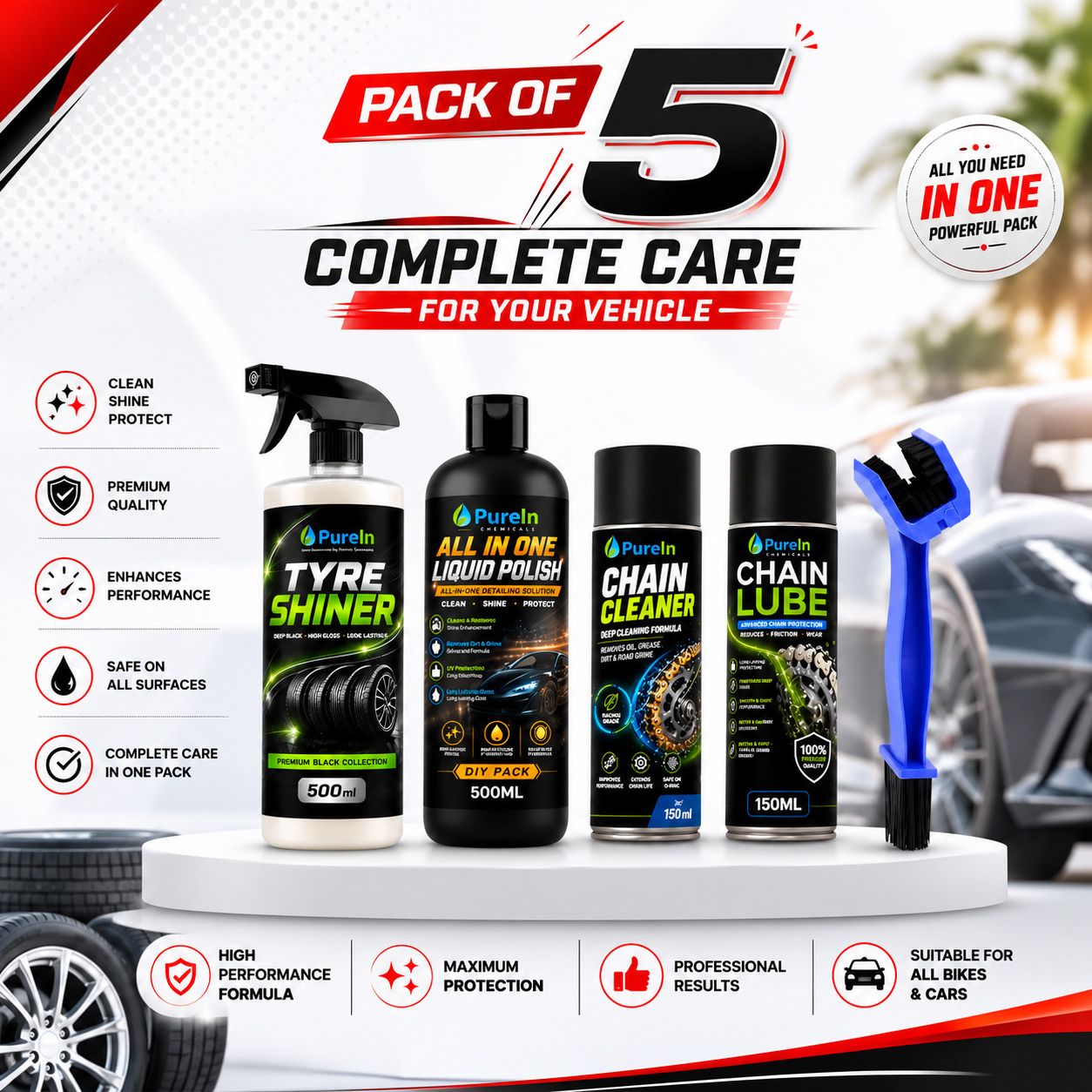 purein All in one Polish, Tyre Polish, Chain Cleaner, Chain Lube, Cleaning Brush Combo-picture-42