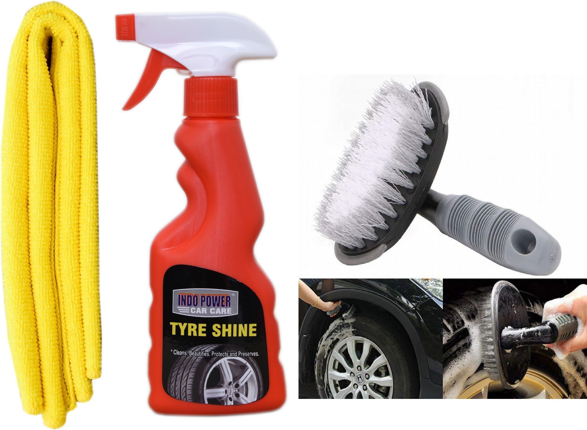 TYRE SHINER SPRAY 250ml.+ 1PC CAR MICROFIBER CLOTH +All Tyre Cleaning Brush Combo-image-42
