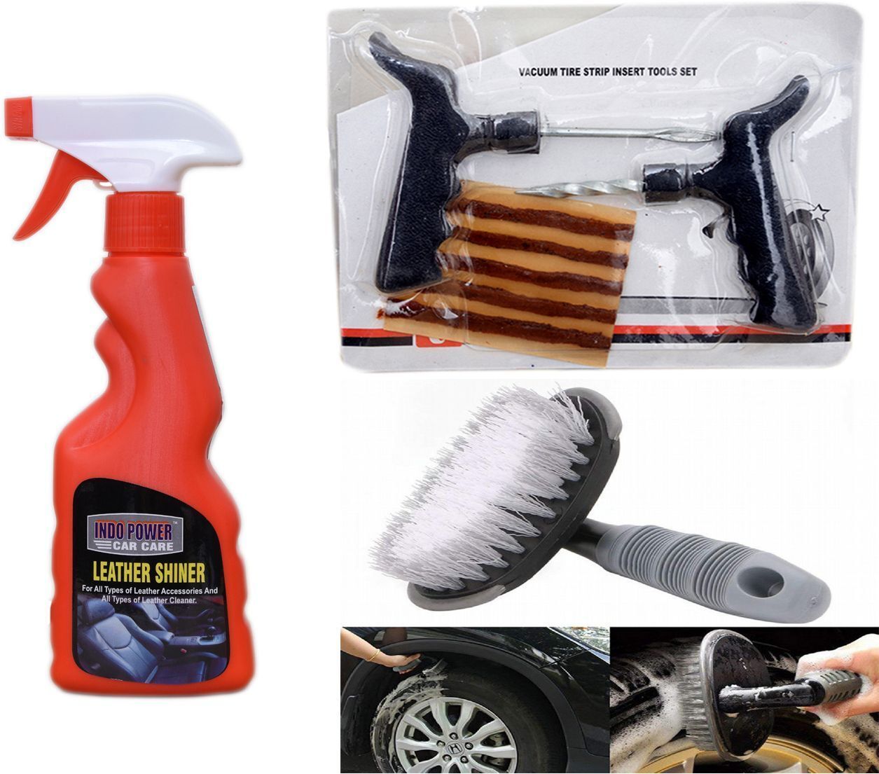indopower LEATHER SHINER SPRAY 250ml+ Tubelass smart Panchar Kit.+All Tyre Cleaning Brush Combo-picture-2