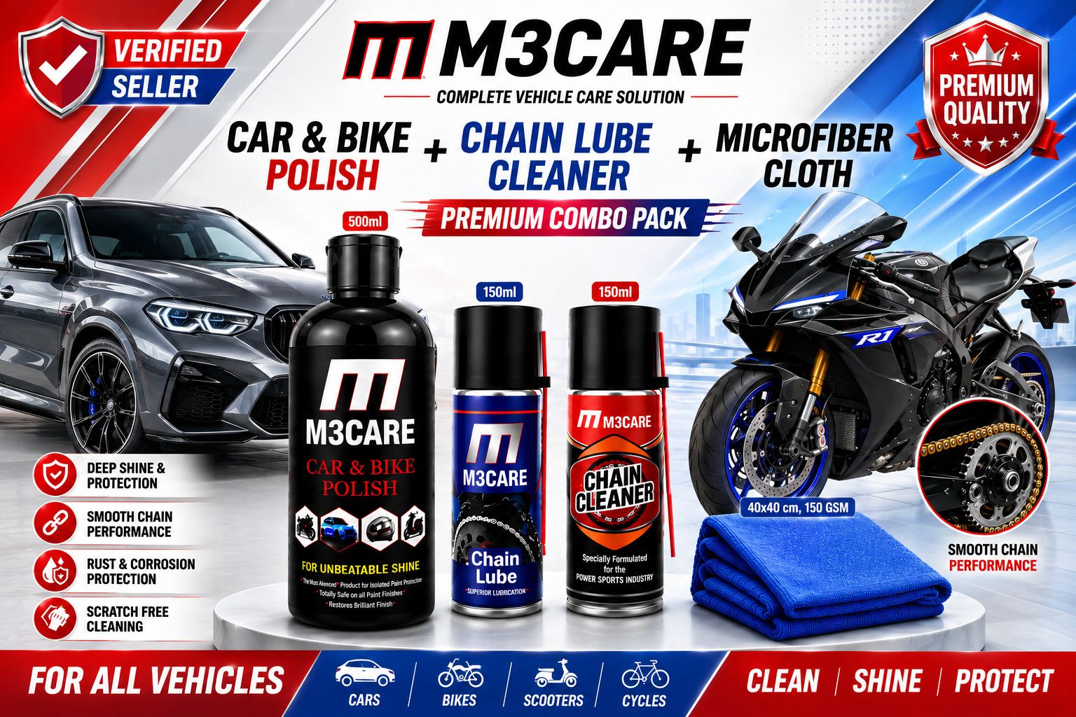 CAR POLISH, CHAIN LUBE, CHAIN CLEANER, MICROFIBER CLOTH Combo-image-8