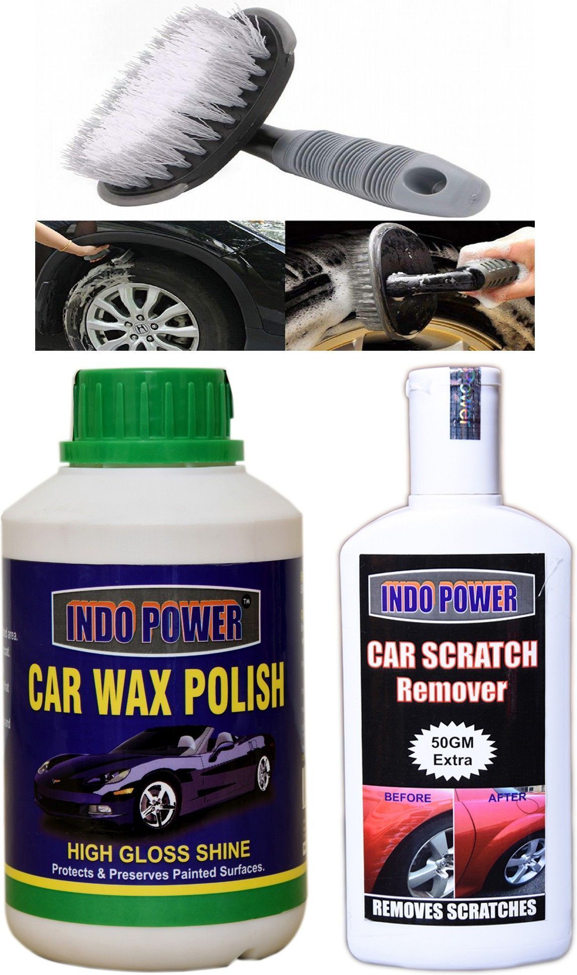 indopower CAR WAX POLISH 500gm+ Scratch Remover 200gm.+All Tyre Cleaning Brush Combo-picture-20