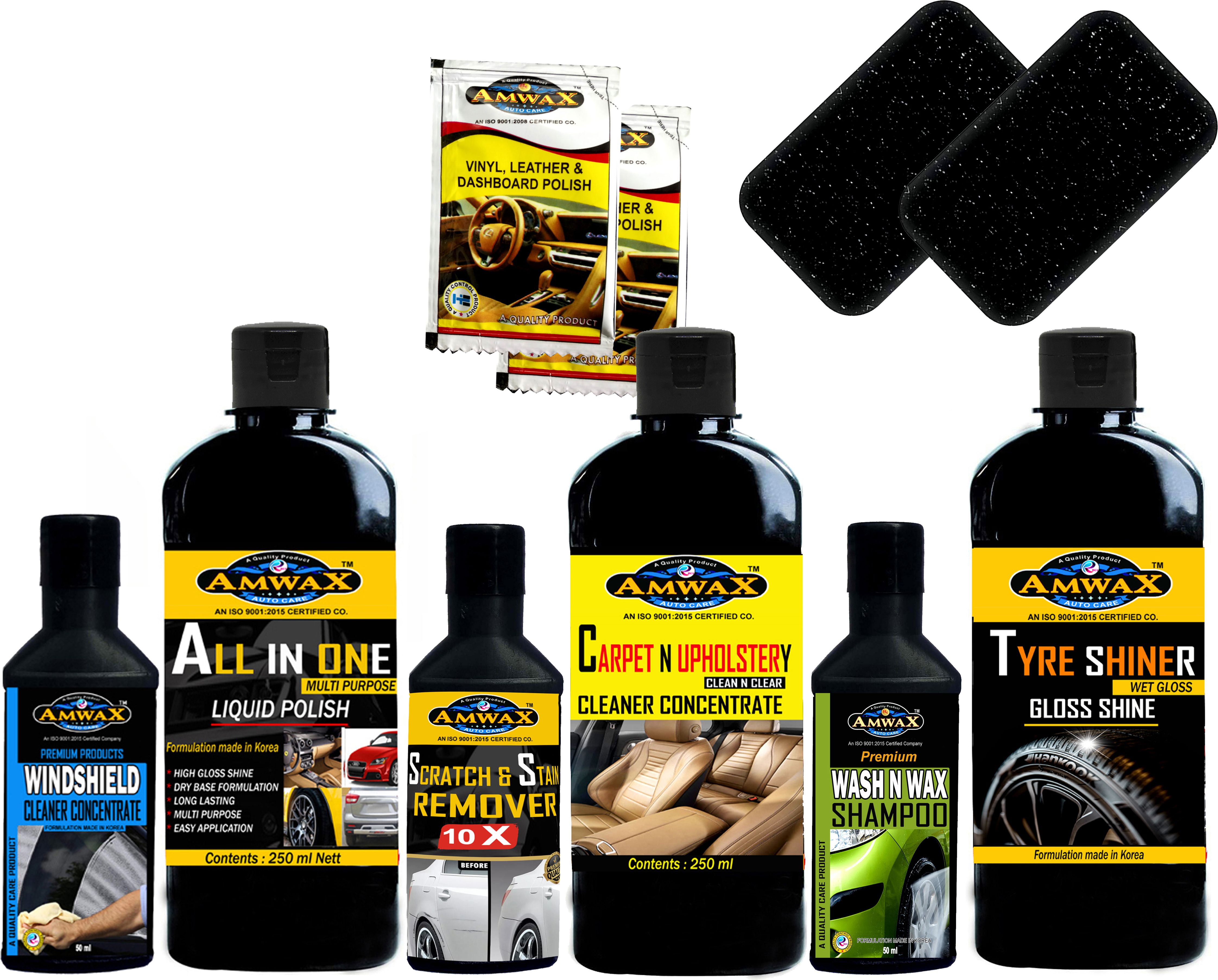 Tyre Shiner 250 ML, All In One Polish 250 ML, Carpet & Upholstery Cleaner 250 ML, Wash & Wax 50 ML, Scratch & Stain Remover 50 ML, WindShield Cleaner 50 ML, Dashboard Polish 10 ML x 2 Pouch, Applicator Combo-image-15