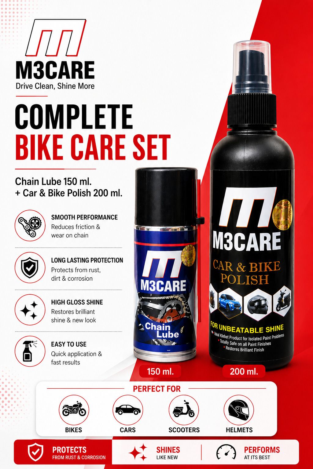 m3care 1 Bottle of Car & Bike Lequid Polish, 1 bottle of chain lubricant Combo-picture-31