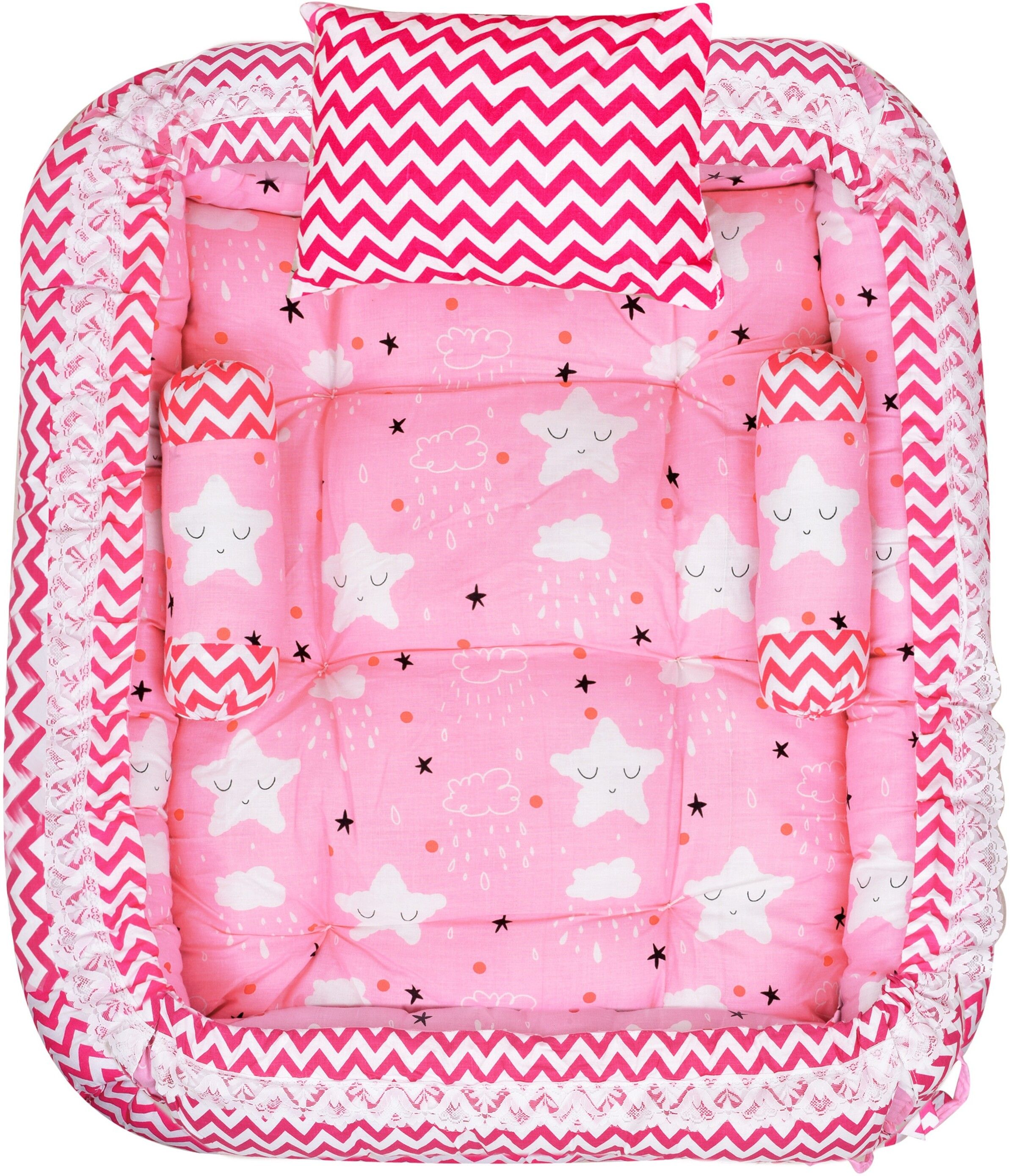 aaurubis enterprise Pink 3 Pillows & Square shape Cotton Baby Bed for 0-6 Month BB06 Baby bedding set Stars-picture-41