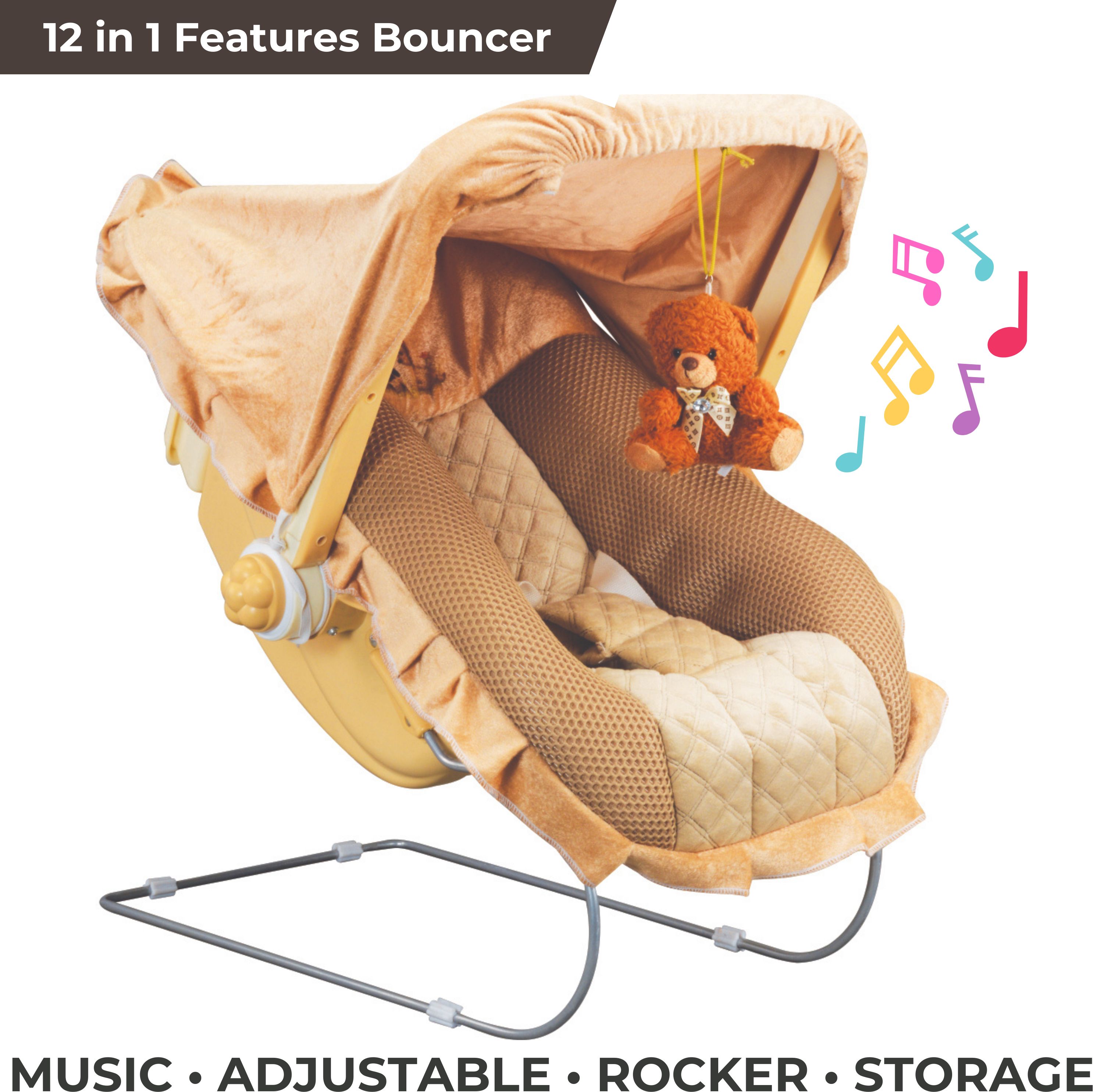 12 in 1 Musical Carry Plastic Cot/Bouncer with Mosquito Net, and Swinging Ropes Carry Cot/Bouncer Carry Cot/Bouncer