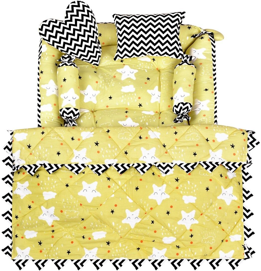 Yellow 4 Pillows Cotton Baby Bed for 0-6 Month SI-BB15 Baby bedding set Stars-image-3