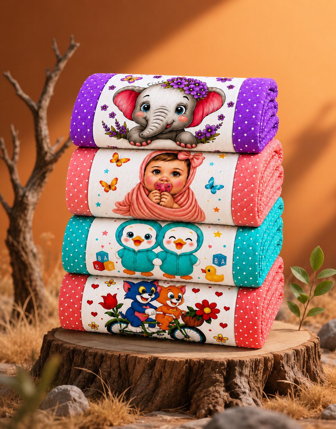Premium Cartoon Design Baby Quilts Set of-(4) | (Size:30x20 Inch) | Soft Cotton Sleeping Baby Mattress Foldable & Travel Friendly Bedding Set for New-born to Toddler-image-3