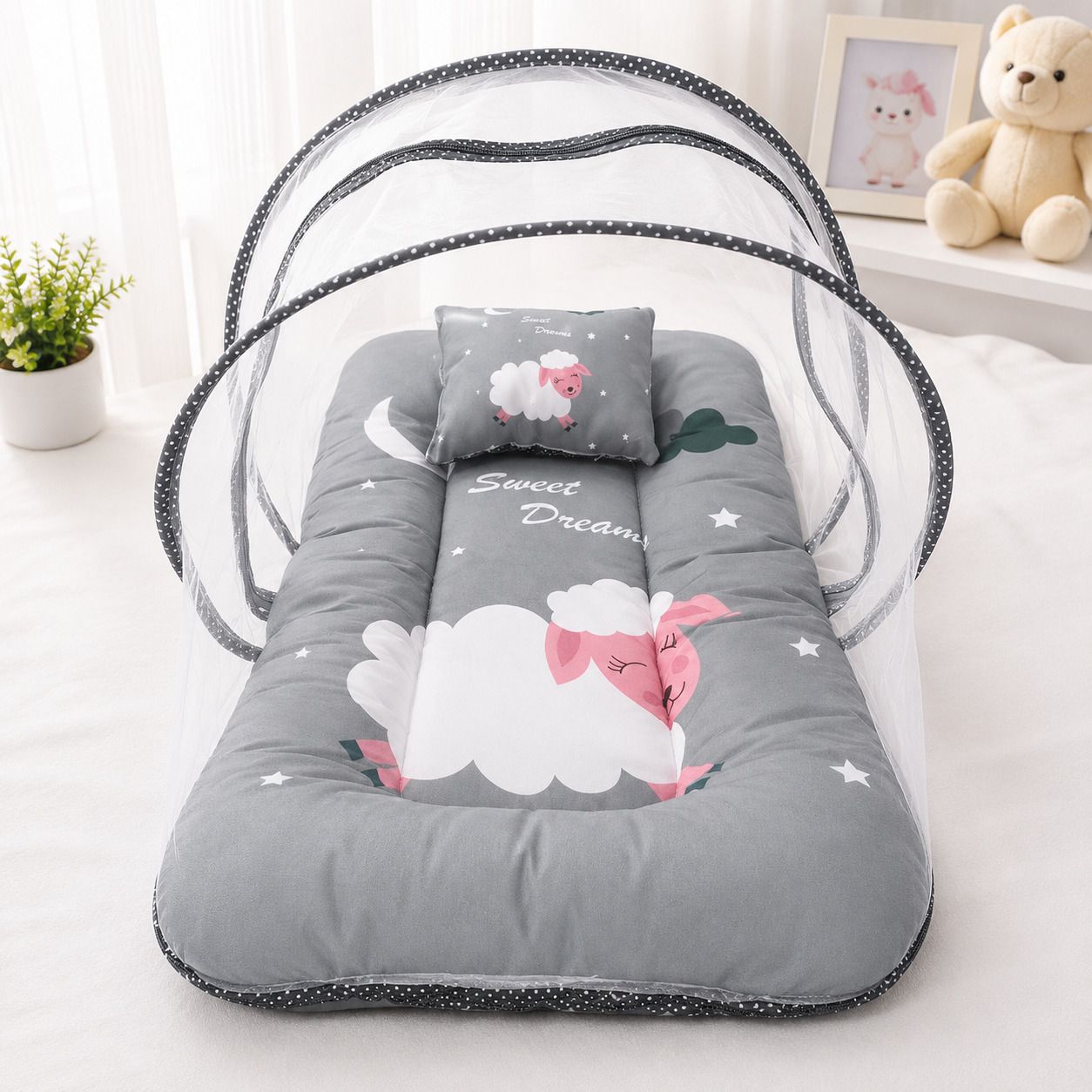 nicksumcreation7 Sweet Dreams Cotton Baby Bedding Set with Mosquito Net | Soft Foldable Mattress Tent Printed / Cartoon Print-picture-15