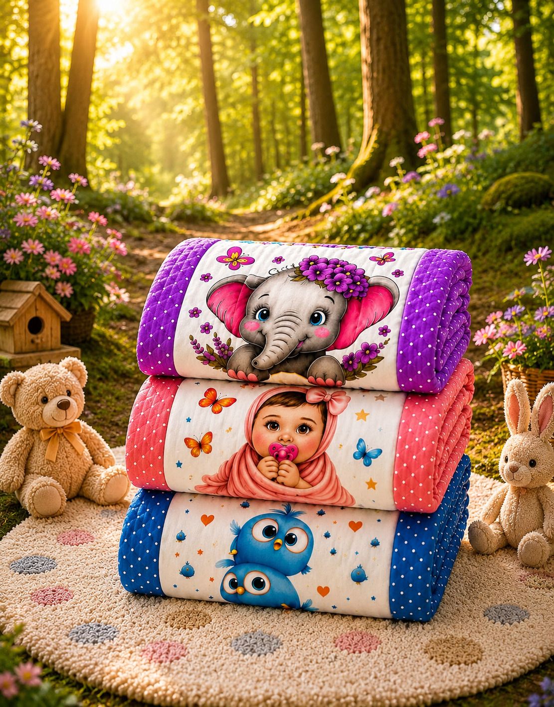 Cute Cartoon Design Baby Quilts Set of-(3) | (Size:30x20 Inch) | Soft Cotton Sleeping Baby Mattress Foldable & Travel Friendly Bedding Set for New-born to Toddler-image-2