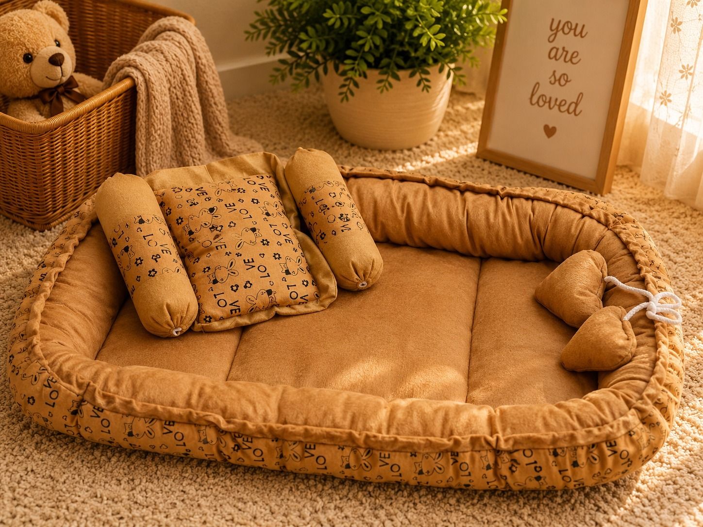 baby sleeping nest bed Brown love velvt heart Baby printed-image-1