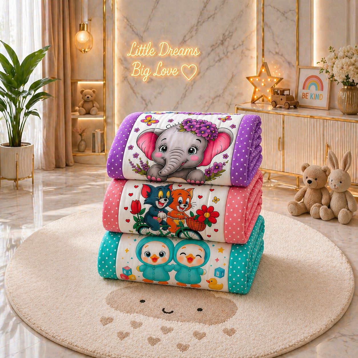 veloura kids Tom&Jerry,Elephant And Duck Printed Baby Quilt Set of-(3) | Soft Cotton Sleeping Mattress Baby Quilts-picture-27