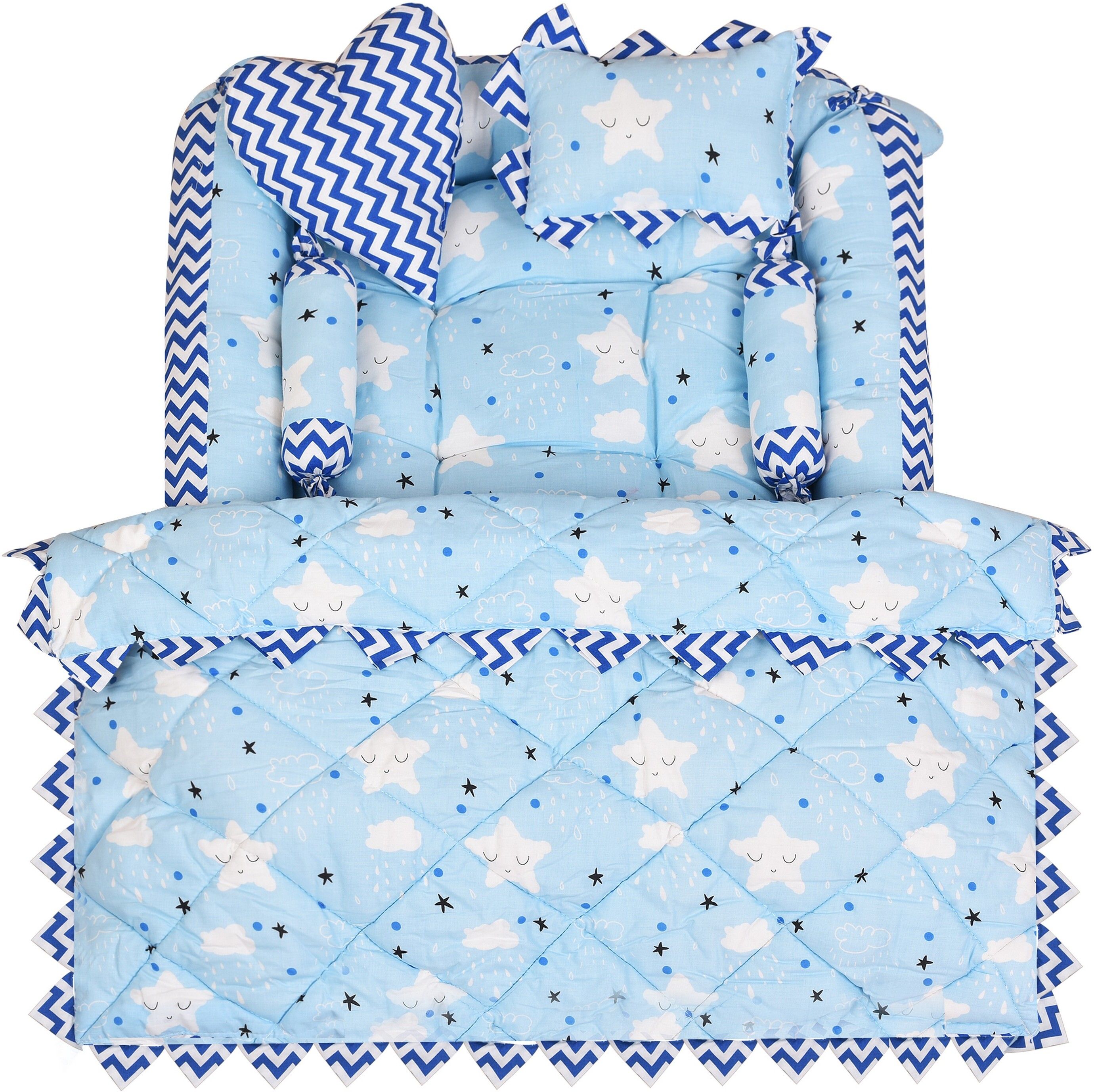 aaurubis enterprise Blue 4 Pillows & Square shape Cotton Baby Bed for 0-6 Month BB13 Baby bedding set Stars-picture-27