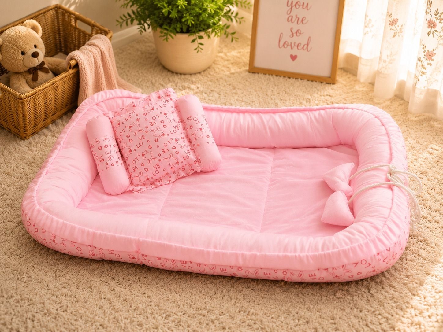 baby sleeping nest bed pink love velvt heart Baby printed-image-27