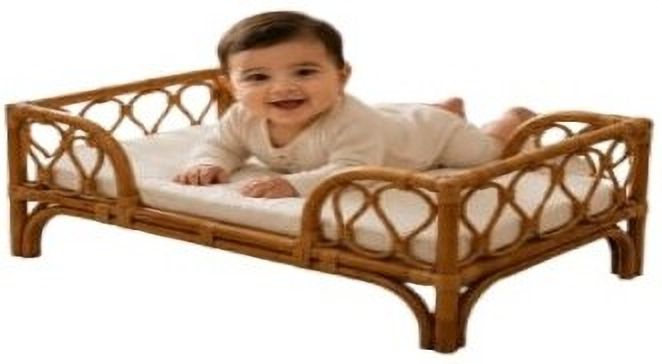 Premium Handmade Round Rattan Coffee Table & Stool for Balcony Baby Bed Newborn Photography Crib-image-5