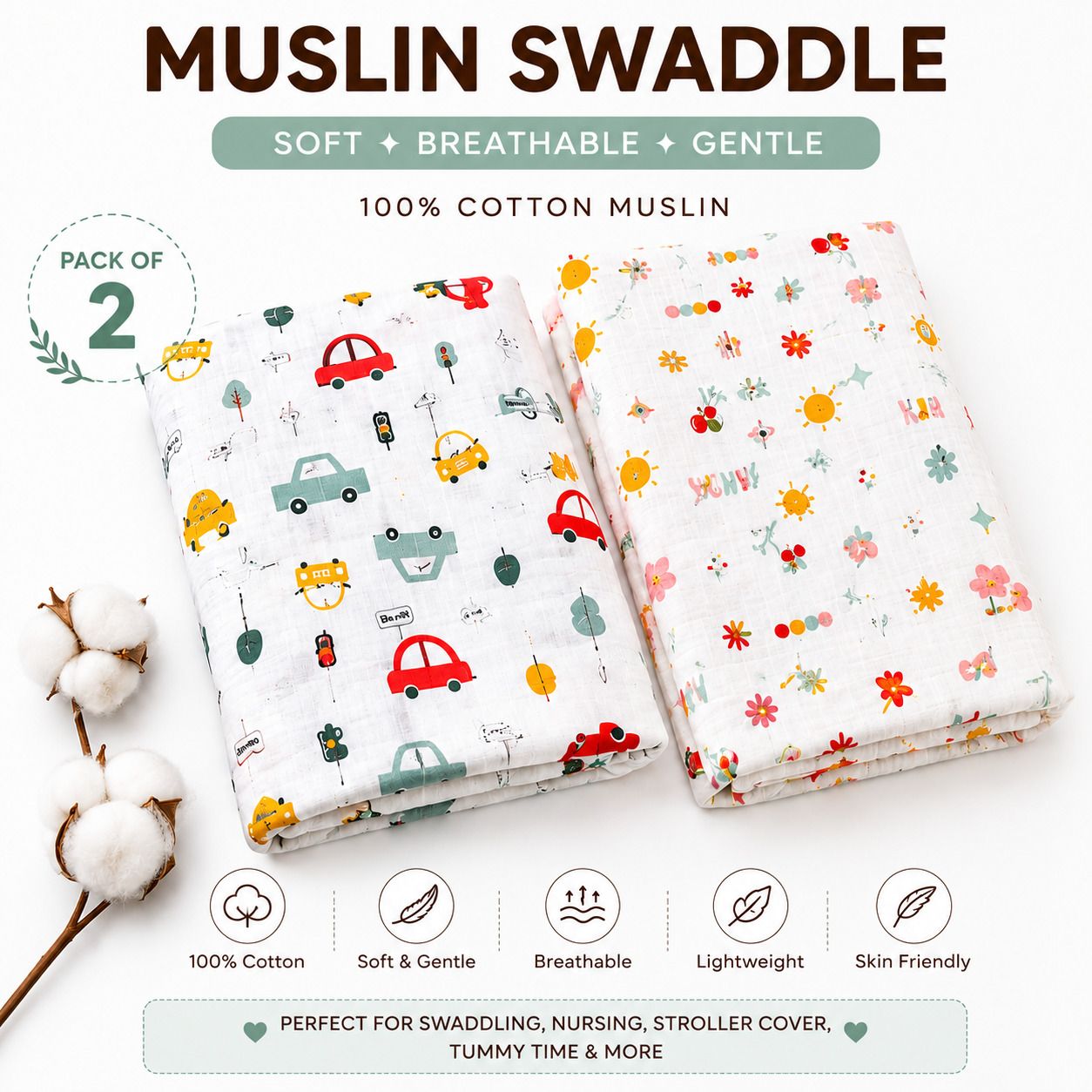 Soft Muslin Baby Swaddle Blanket 100×80 cm (Pack of 2) Breathable Cotton Wrap for Newborns, Lightweight, Multi-Use Receiving Blanket-image-2