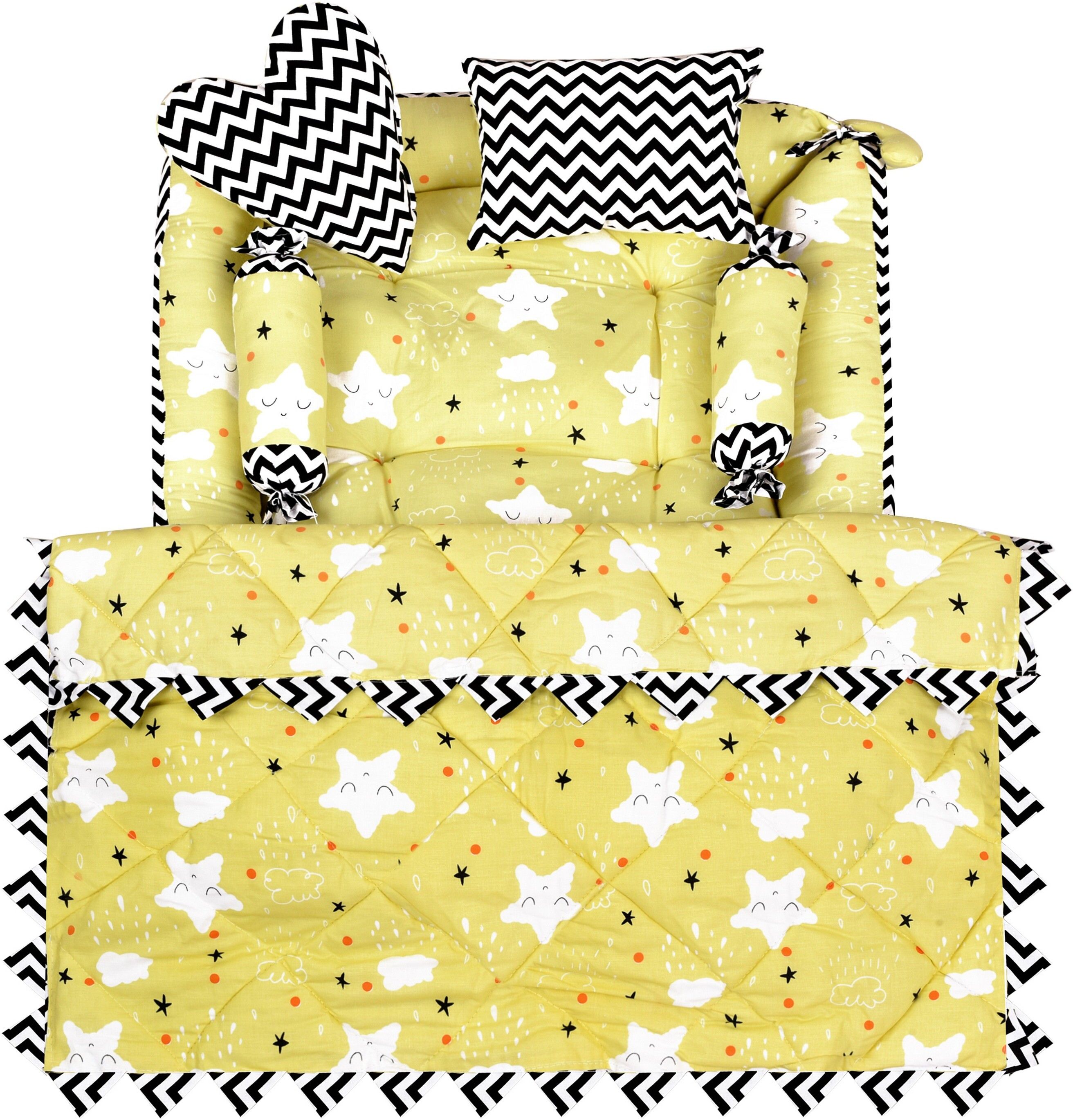 Yellow 4 Pillows & Square shape Cotton Baby Bed for 0-6 Month BB15 Baby bedding set Stars-image-47