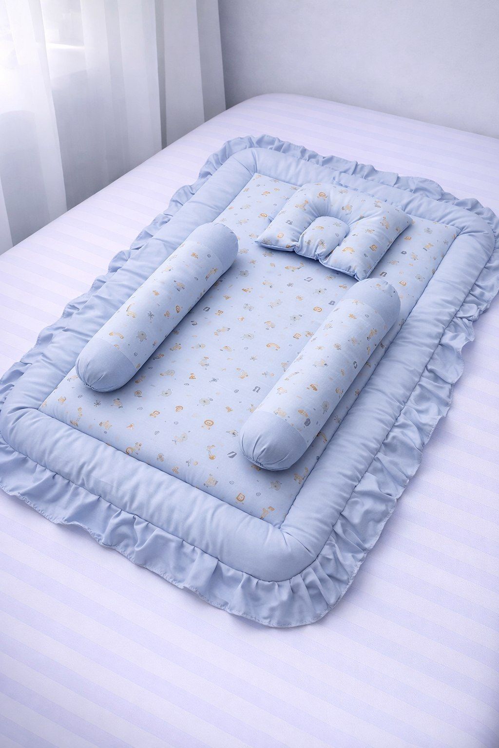 Baby Bedding Set with Side Pillows & Head Support Soft Cotton Mattress Blue GADLA SET CRIB-image-46