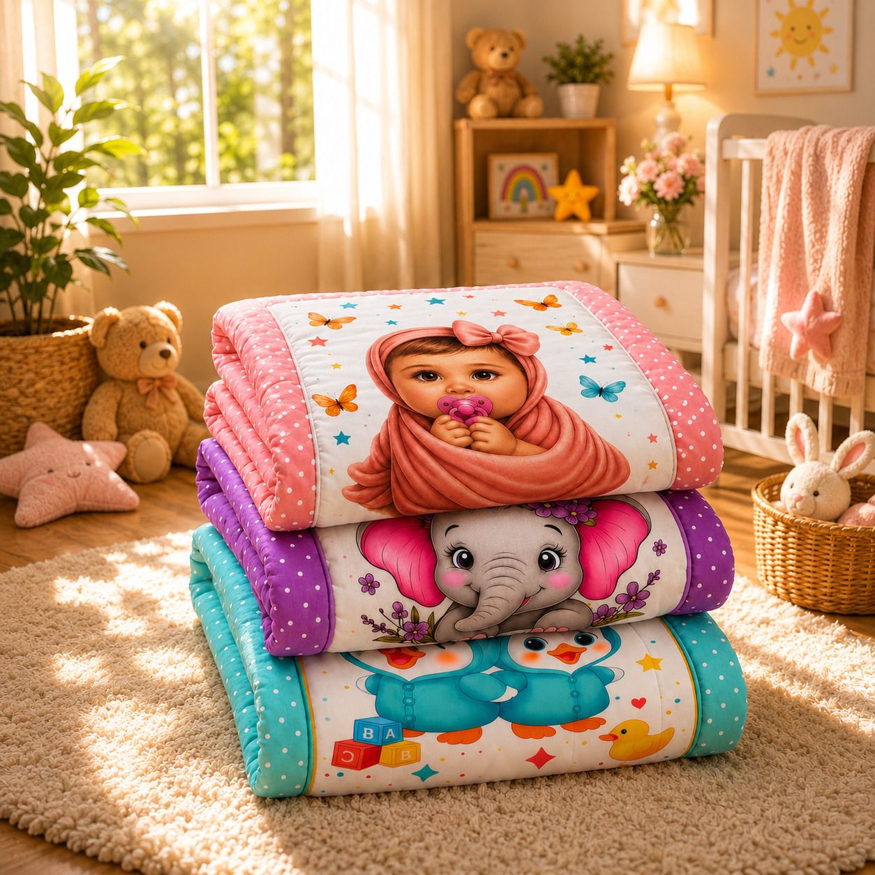 veloura kids Cute Elephant,Twin Duck And Baby Girl Design Baby Quilts Set of-(3) | (Size:30x20 Inch) | Soft Cotton Sleeping Baby Mattress Foldable & Travel Friendly Bedding Set for New-born to Toddler-picture-31