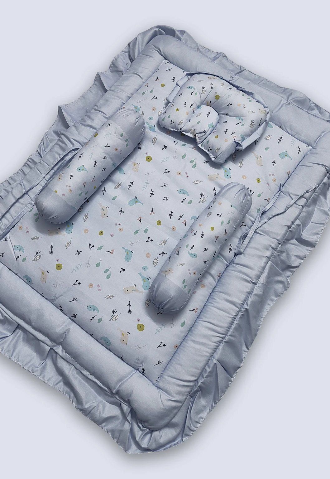 Newborn Baby Bed Nest with Pillow & Bolster Set - Soft Cotton Blue BABY BEDDING SET BIRDS-image-23